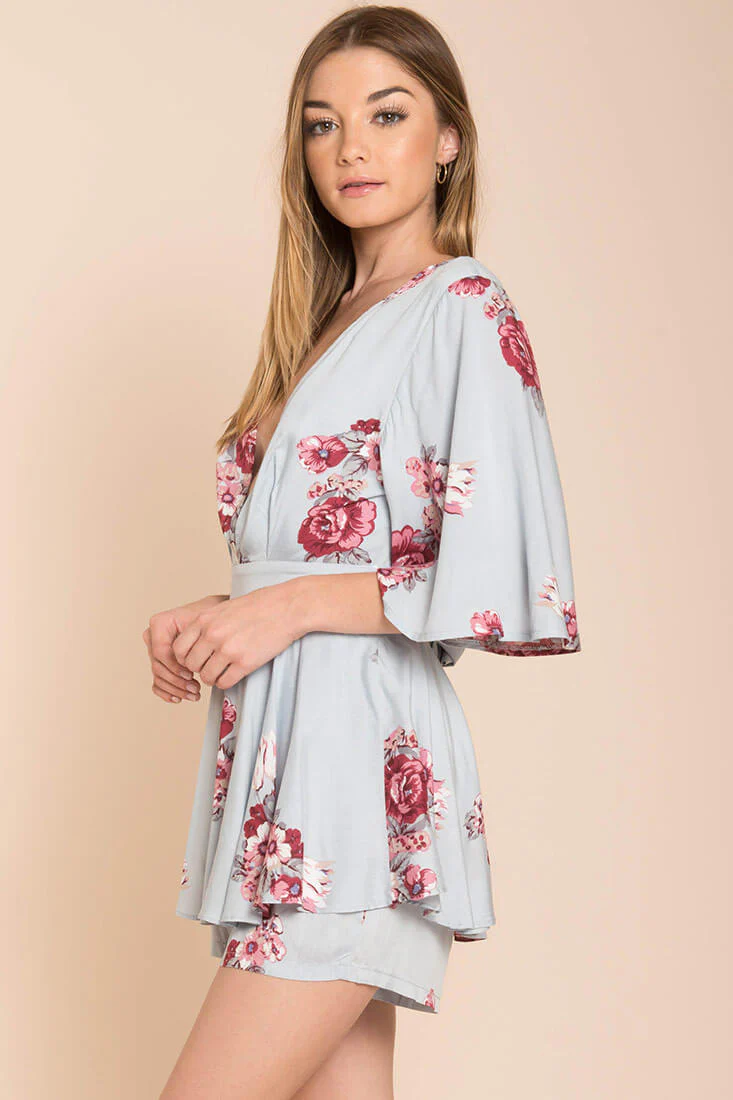 Rosalynn Bow Tie Floral Romper Blue - Image 3