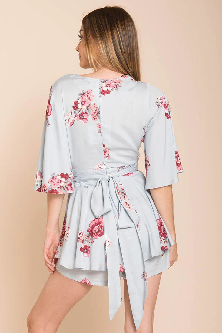 Rosalynn Bow Tie Floral Romper Blue - Image 4