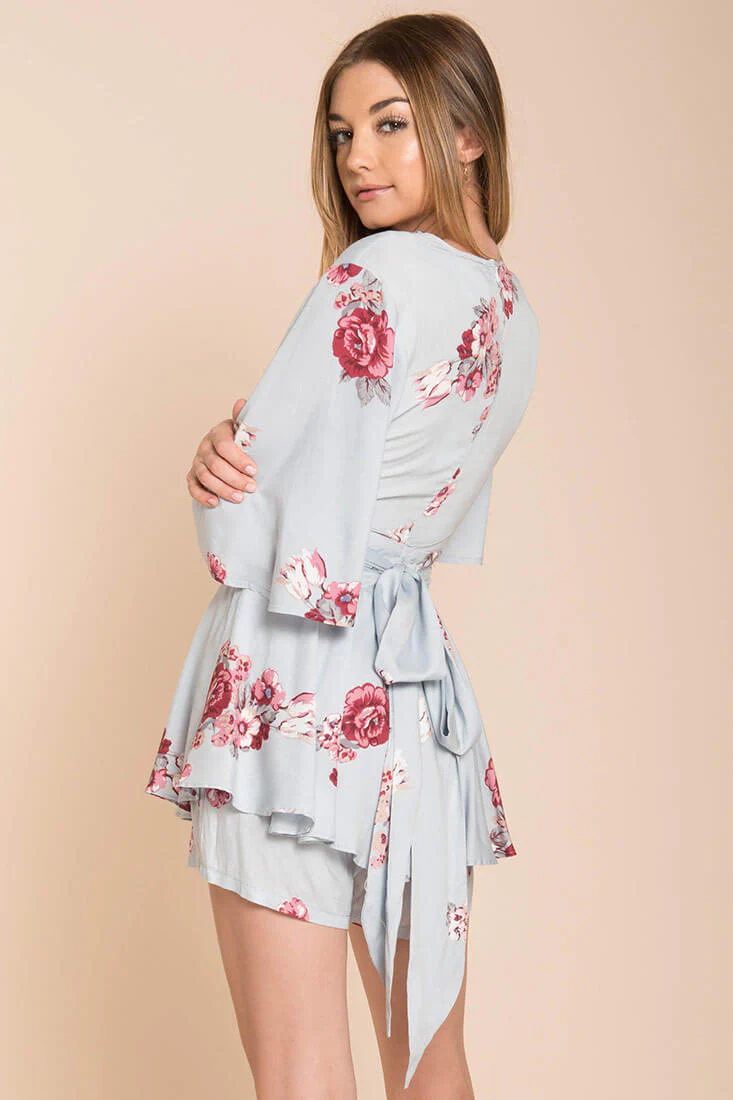 Rosalynn Bow Tie Floral Romper Blue - Image 5