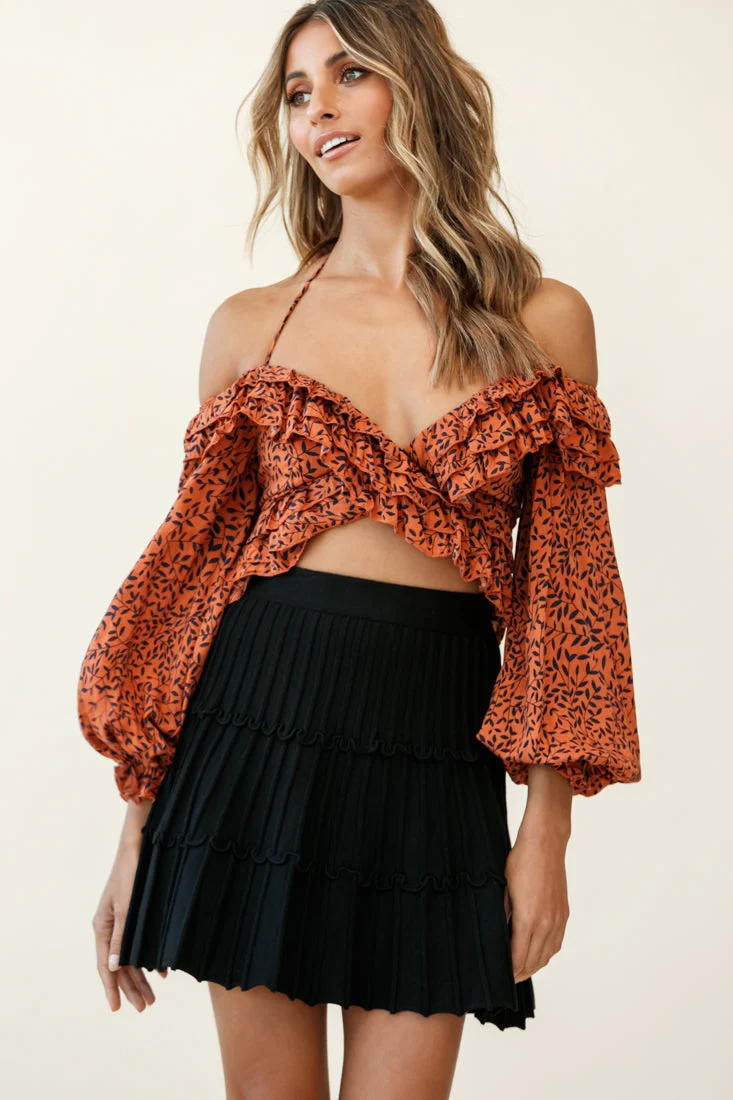 Rosarito Long Balloon Sleeve Halterneck Crop Top Leaf Print Tan - Image 6