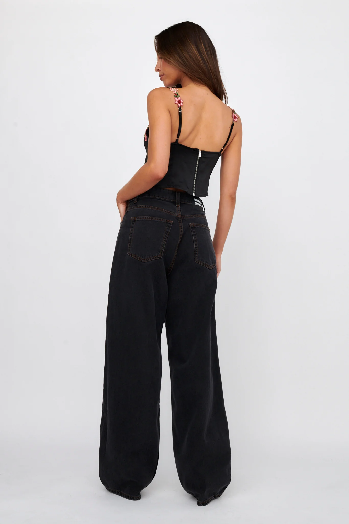 Rose Garden Floral Applique Crop Top Black - Image 3