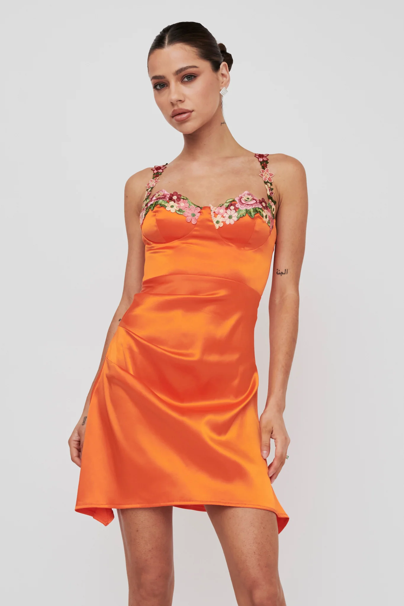 Rose Garden Floral Applique Pleat Mini Dress Orange - Image 5