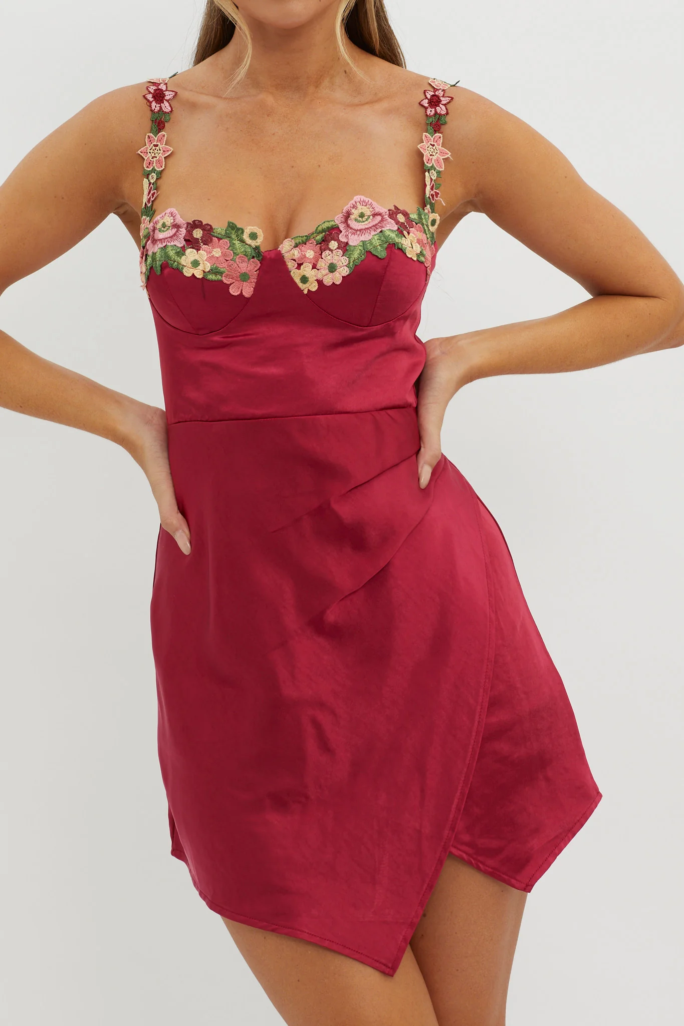 Rose Garden Floral Applique Wrap Mini Dress Merlot - Image 3
