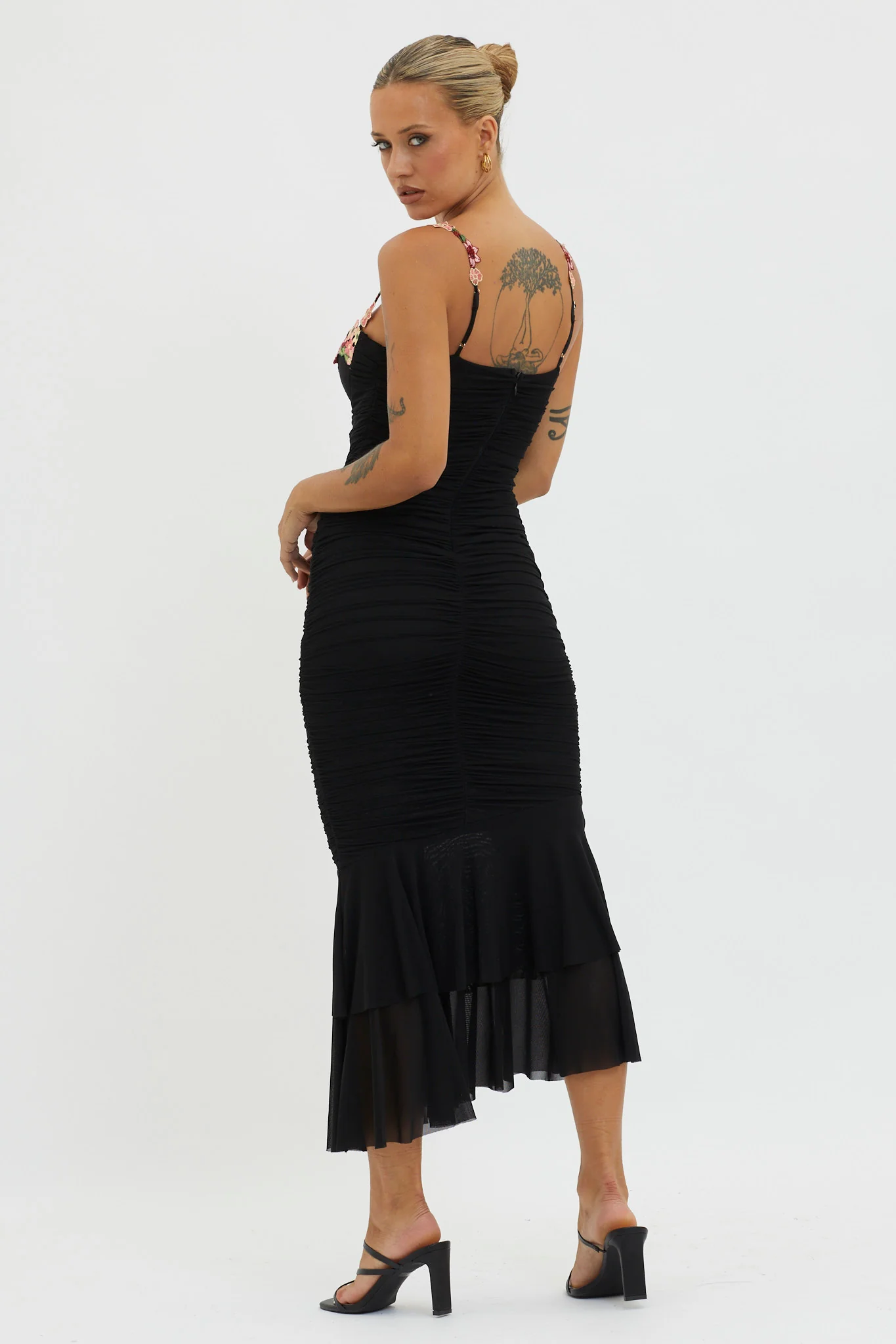 Rose Garden Ruched Mesh Midi Dress Black - Image 2