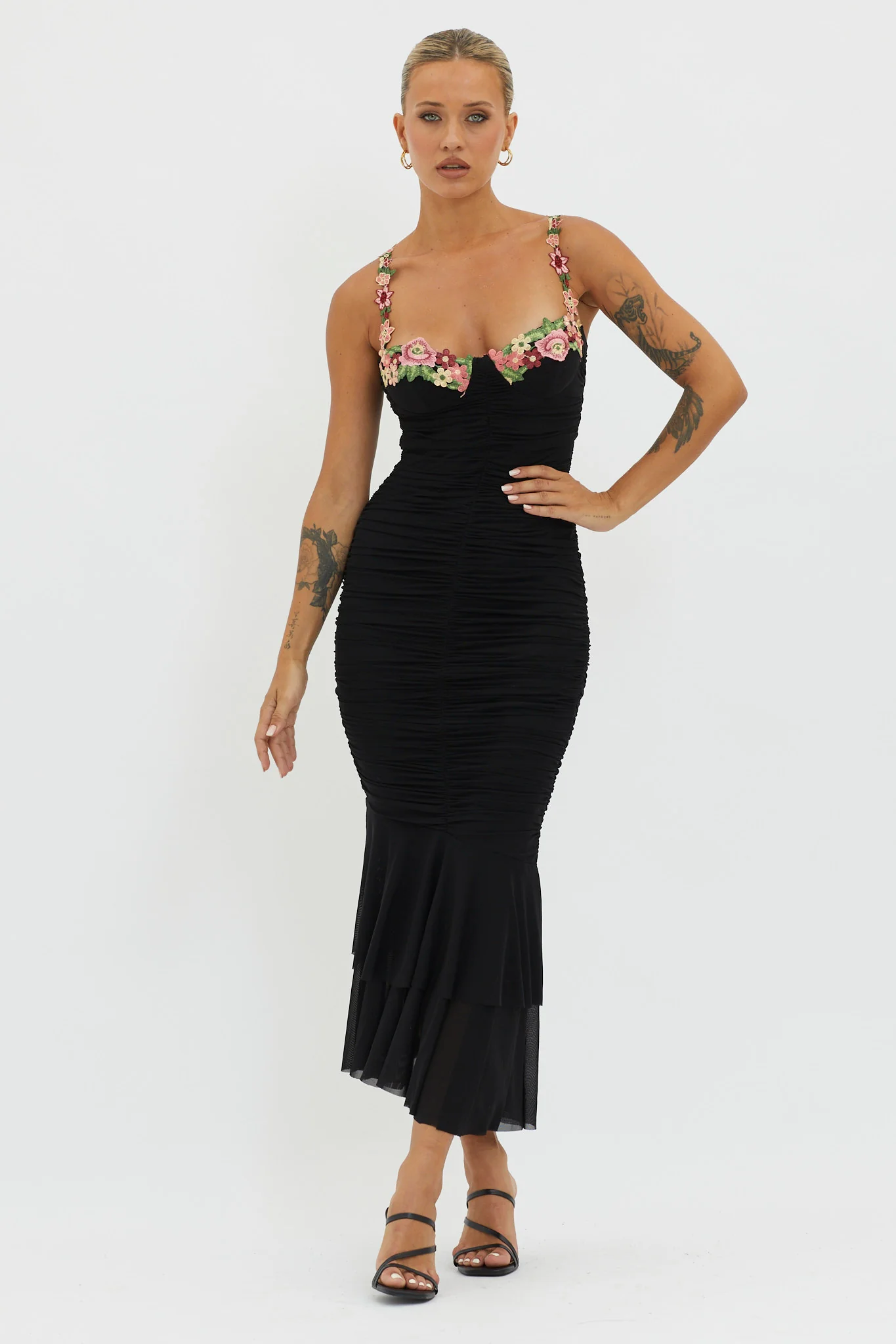 Rose Garden Ruched Mesh Midi Dress Black - Image 3