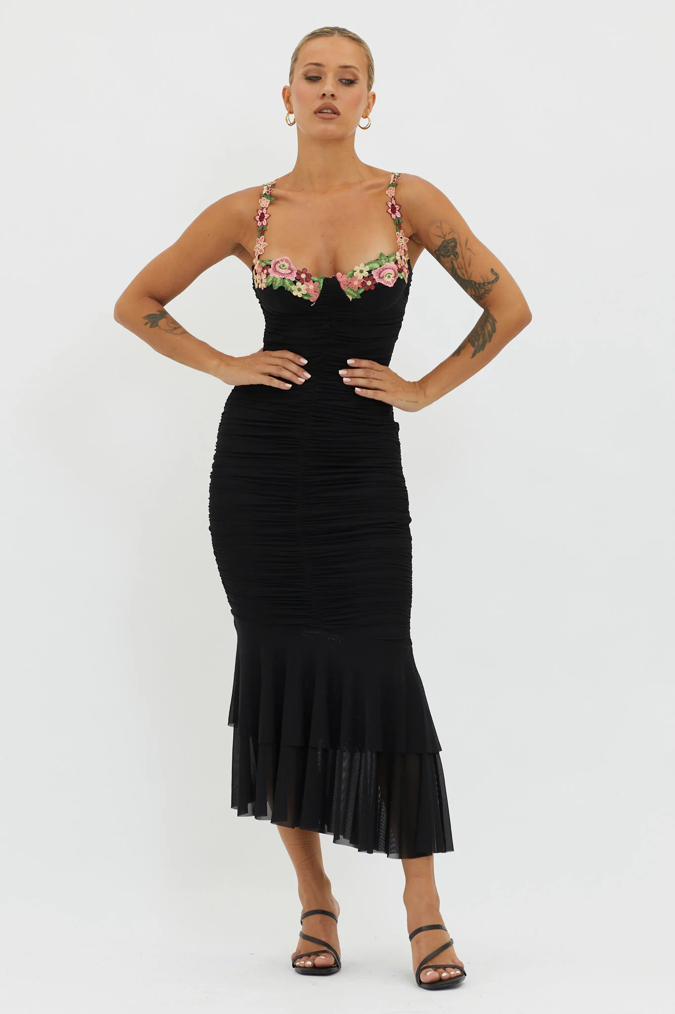 Rose Garden Ruched Mesh Midi Dress Black - Image 5