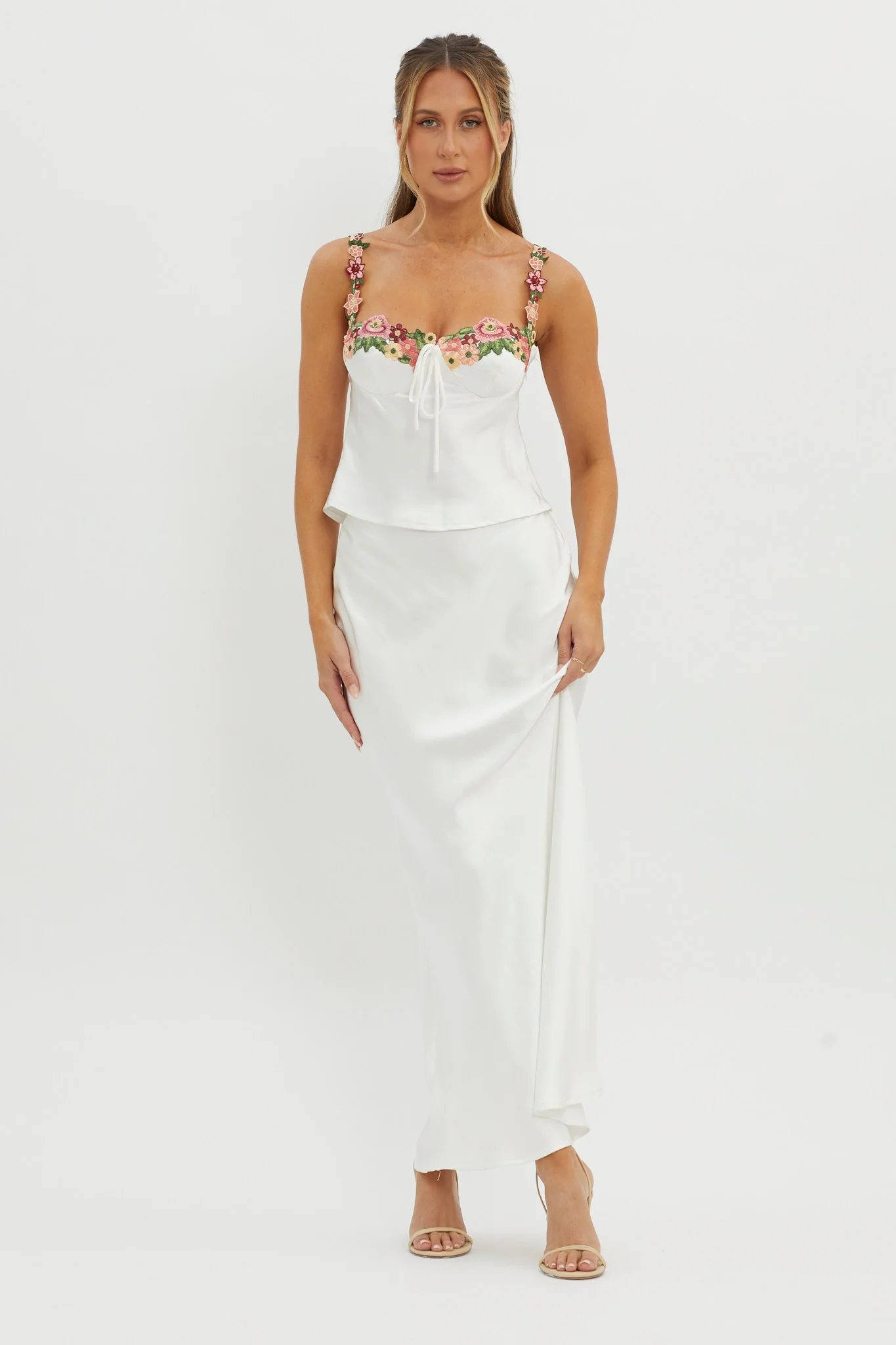 Rose Garden Satin Maxi Skirt White - Image 5