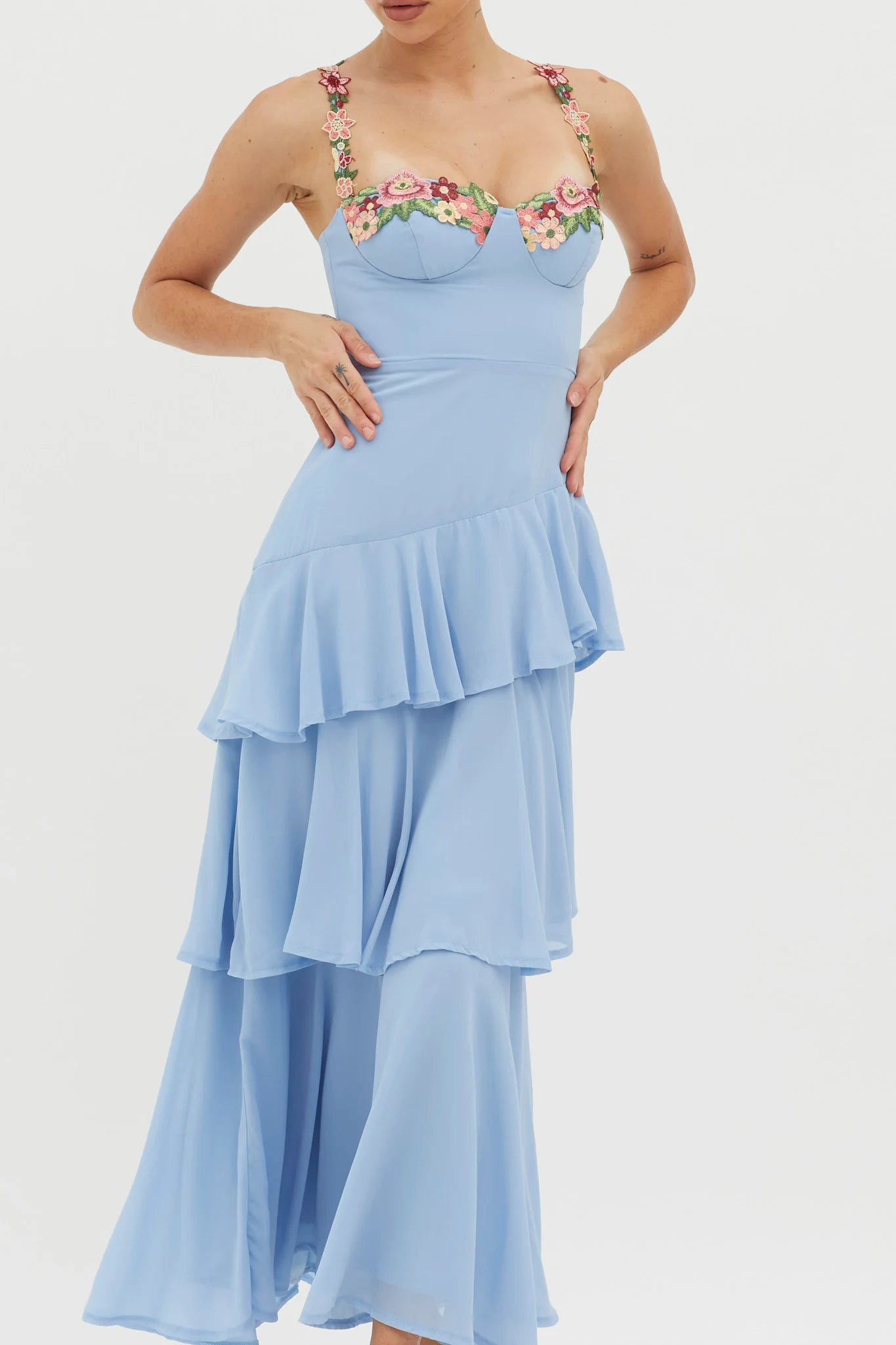 Rose Garden Tiered Ruffle Floral Trim Dress Blue - Image 4