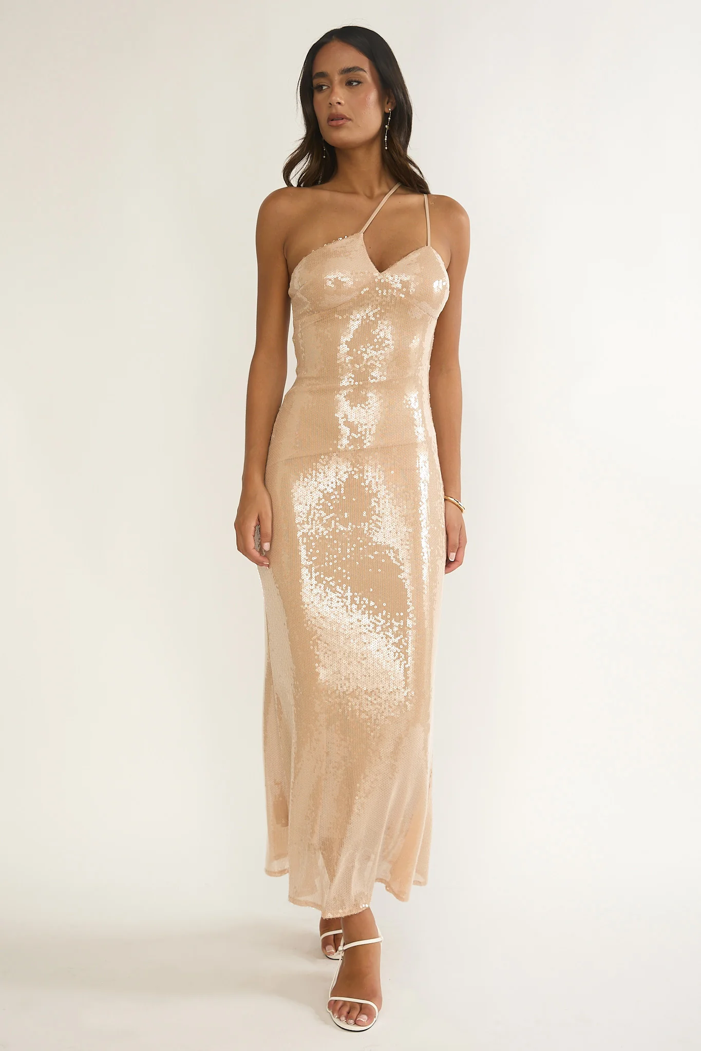 Roselyn One-Shoulder Sequin Maxi Dress Latte - Image 6