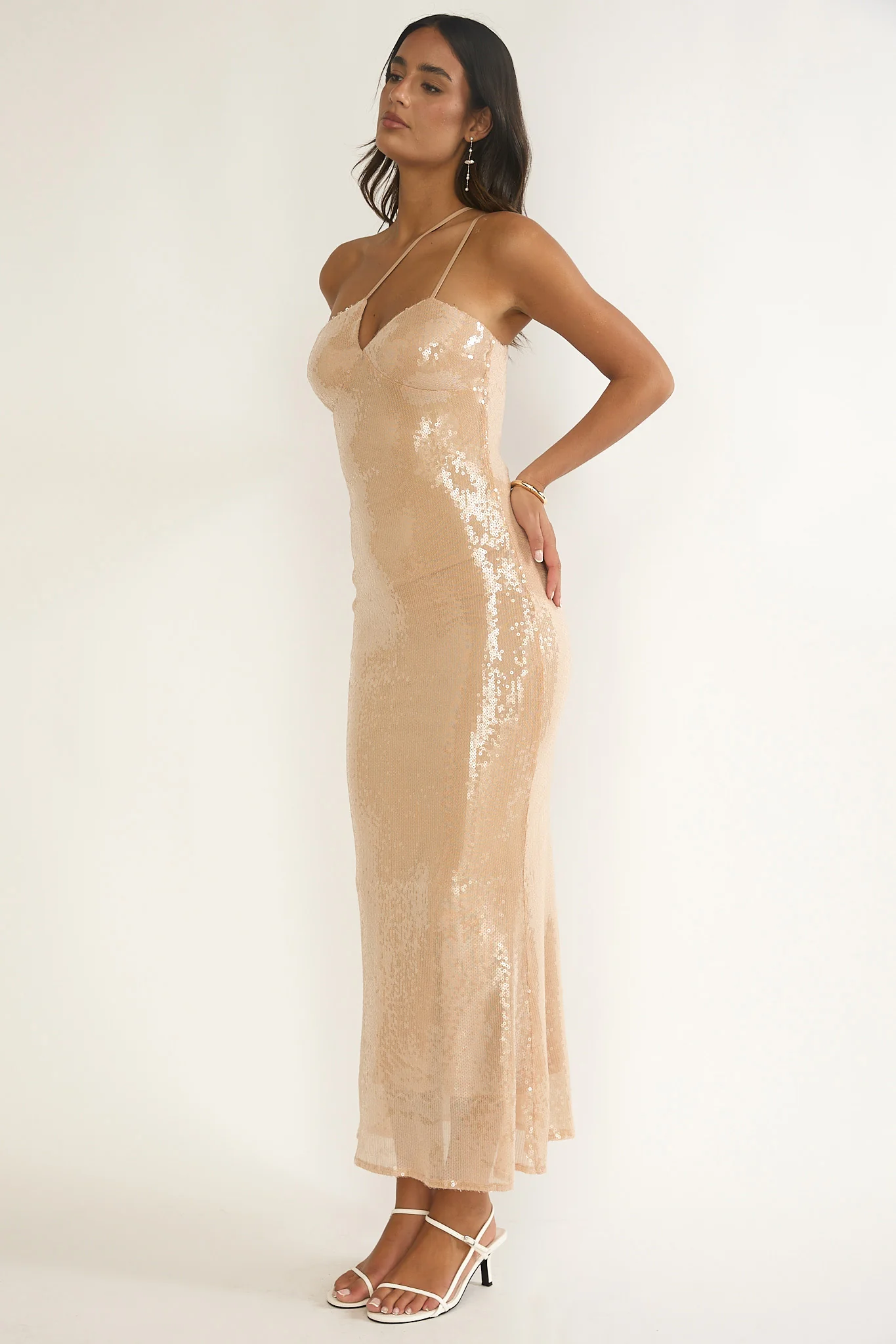 Roselyn One-Shoulder Sequin Maxi Dress Latte - Image 7