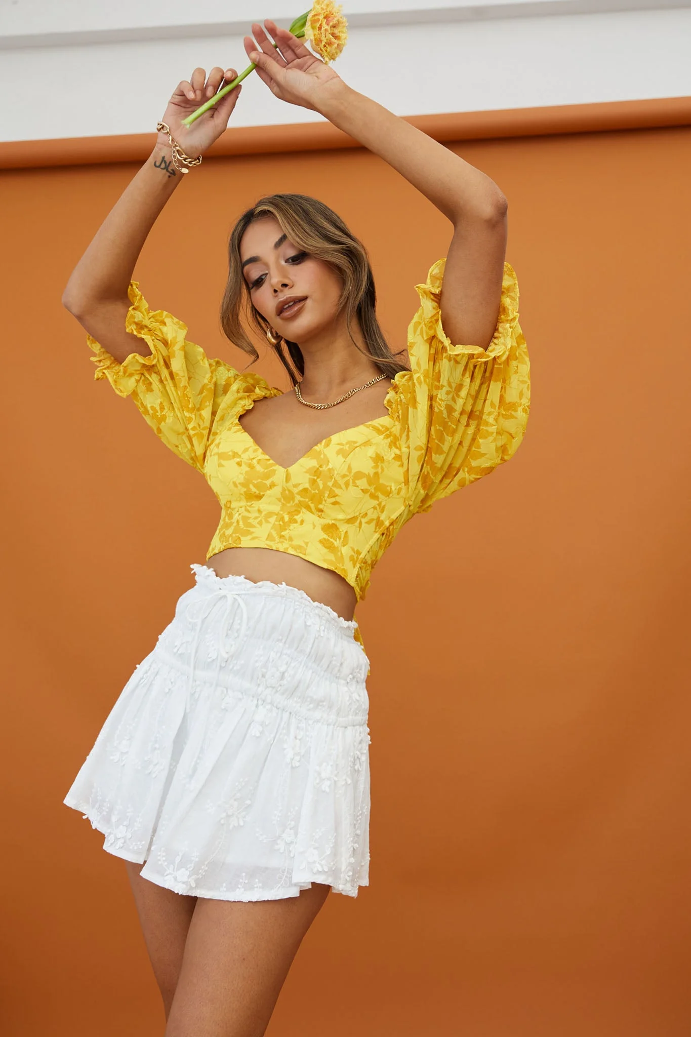 Rosetta Puff Sleeve Keyhole Back Crop Top Floral Print Yellow - Image 3