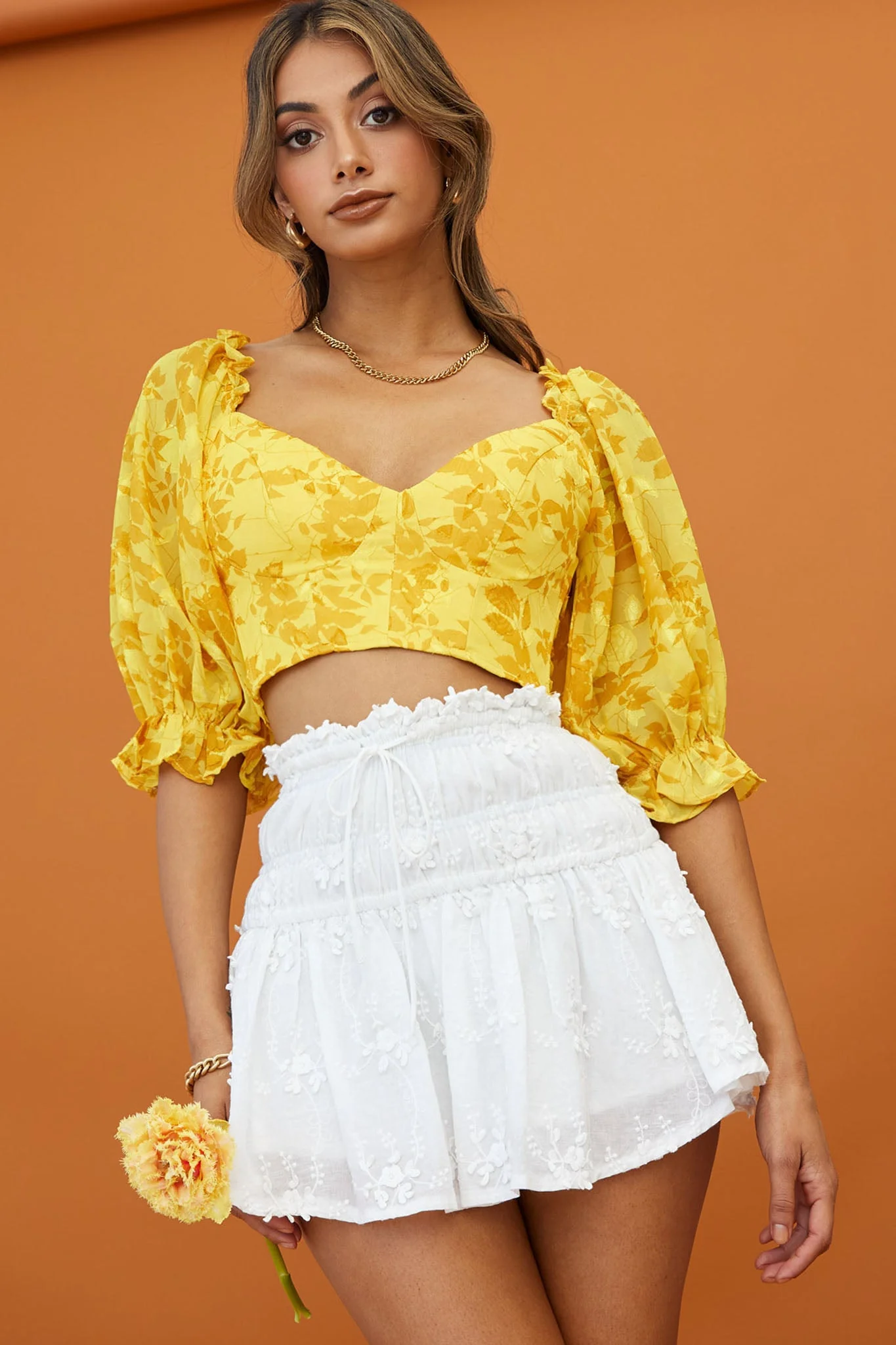 Rosetta Puff Sleeve Keyhole Back Crop Top Floral Print Yellow - Image 4
