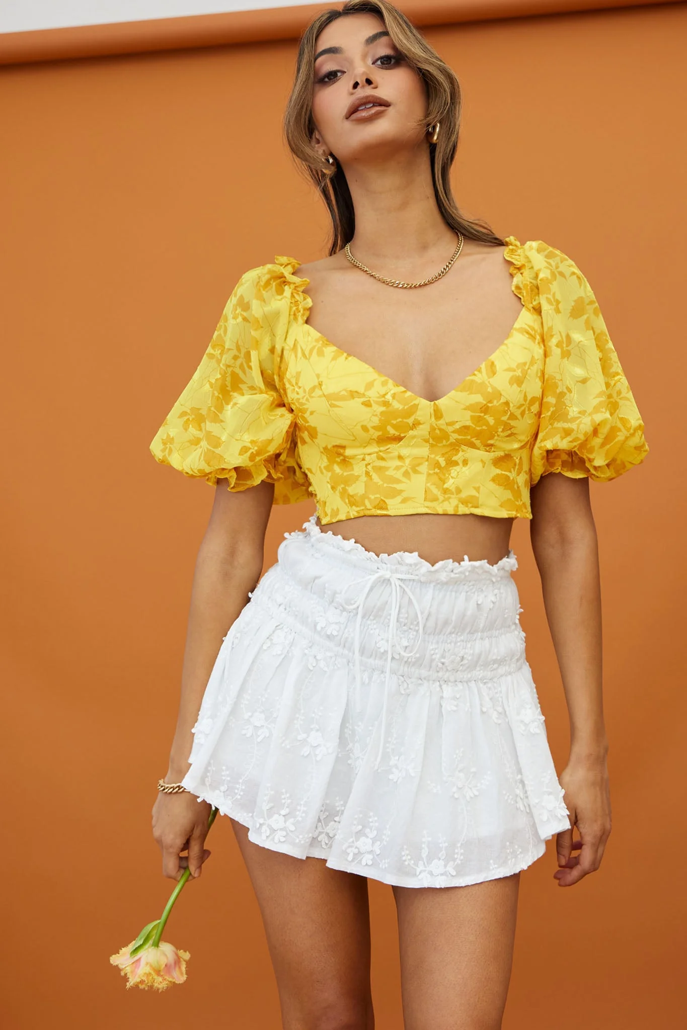Rosetta Puff Sleeve Keyhole Back Crop Top Floral Print Yellow - Image 5