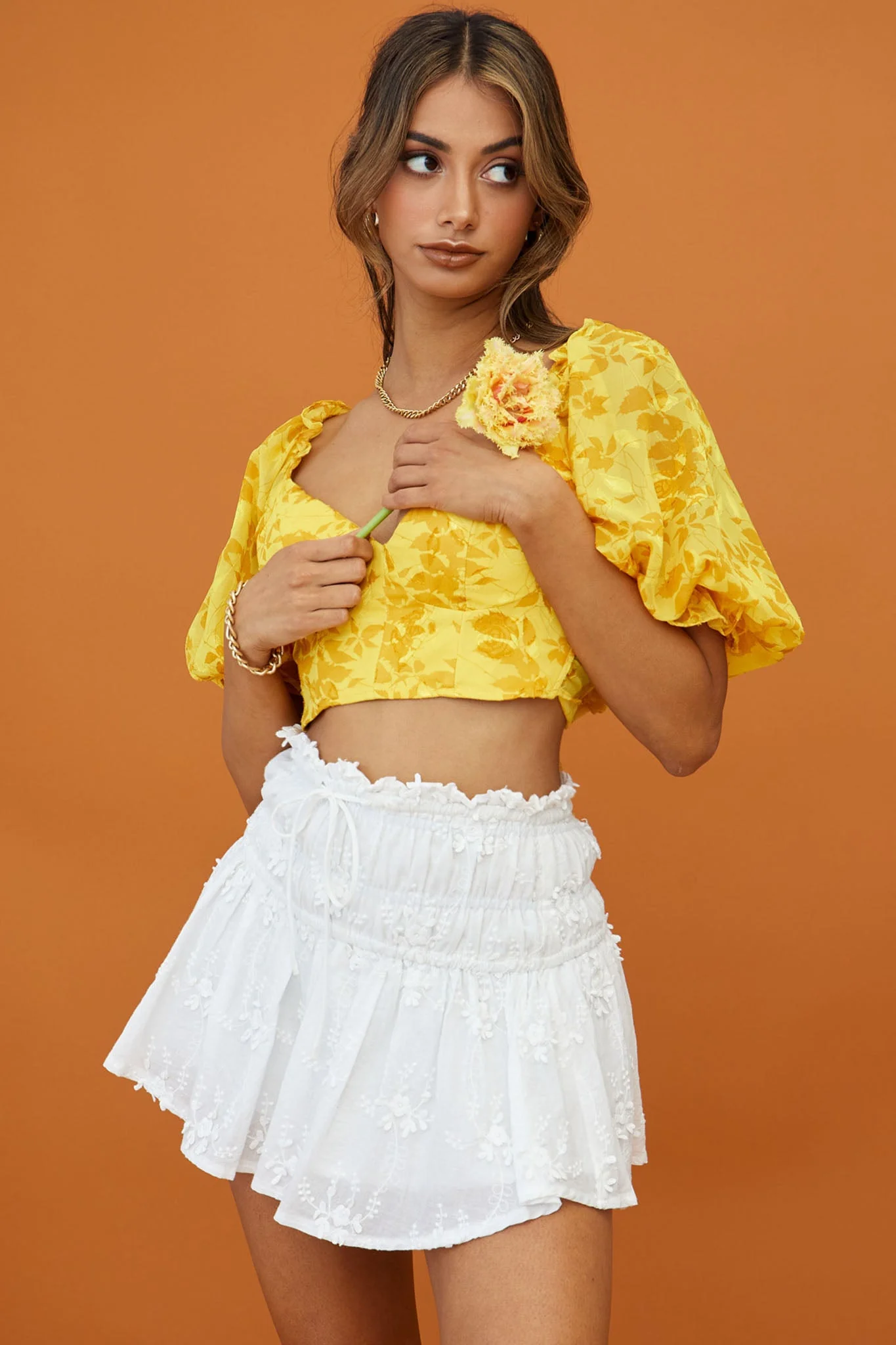 Rosetta Puff Sleeve Keyhole Back Crop Top Floral Print Yellow - Image 6