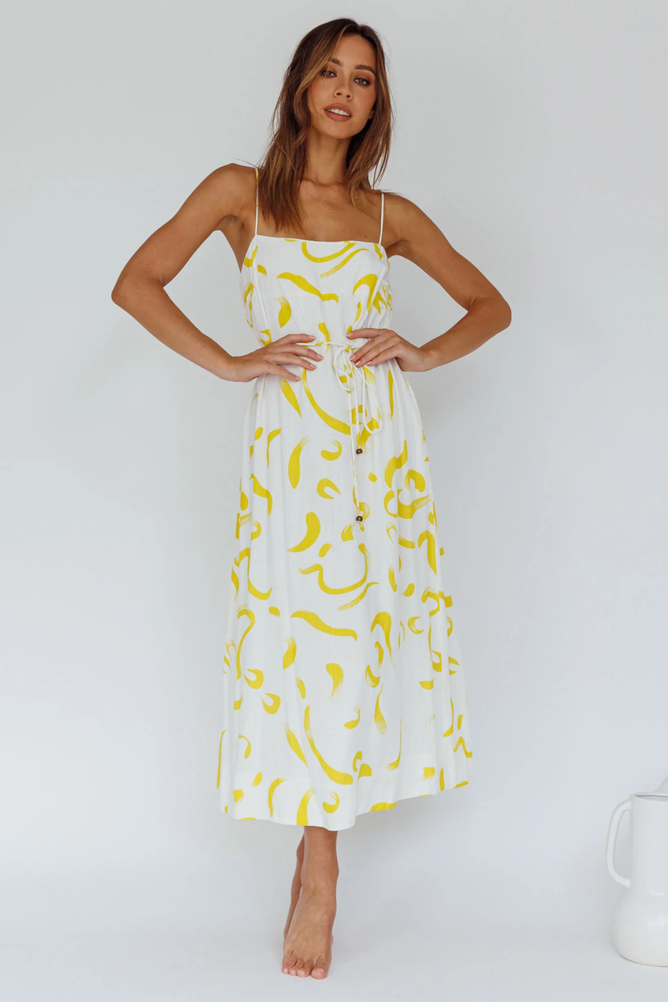 Rossy Waist Tie Midi Dress Printed Yellow - Image 3