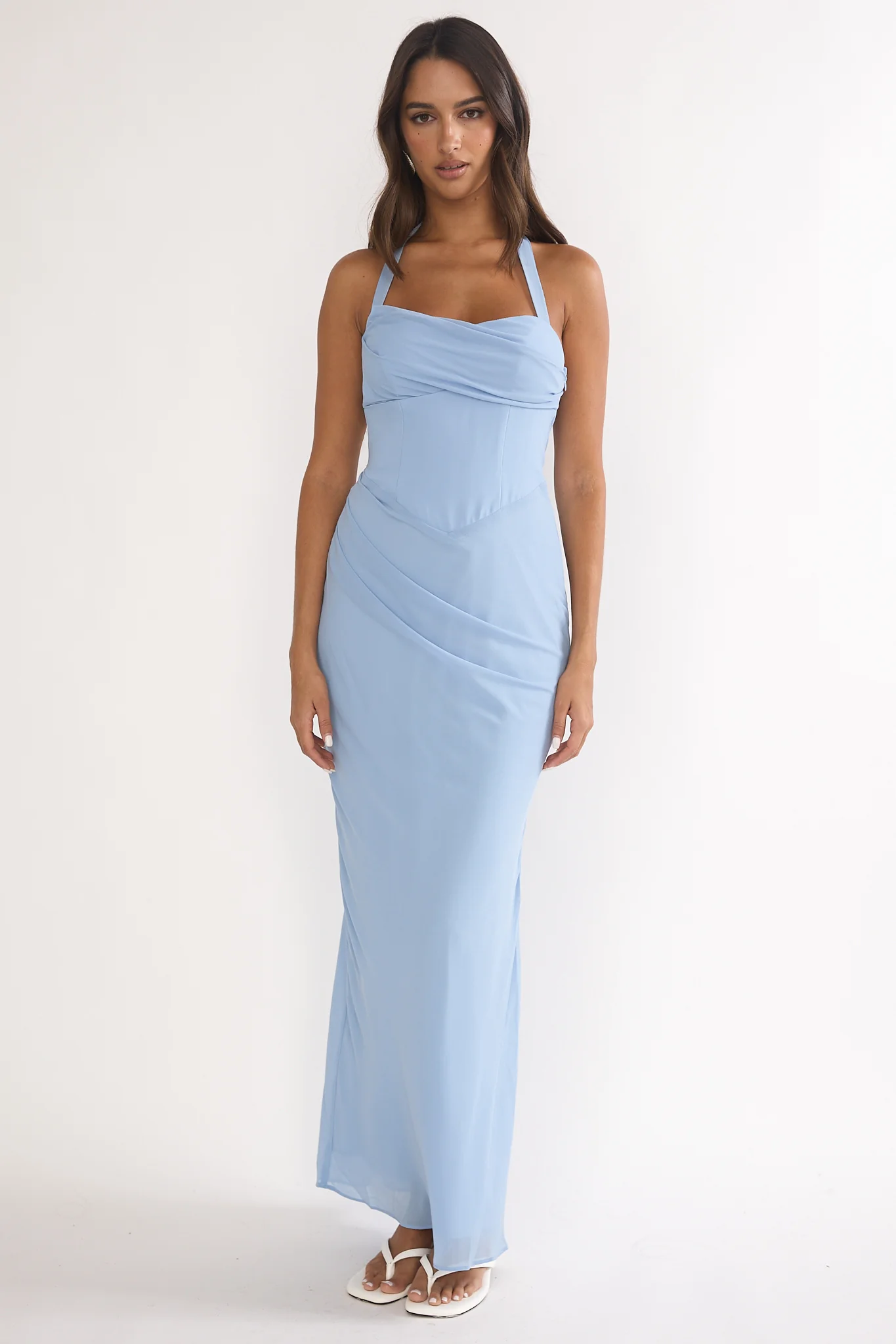 Rovelle Halterneck Pleat Waist Maxi Dress Sky Blue - Image 2