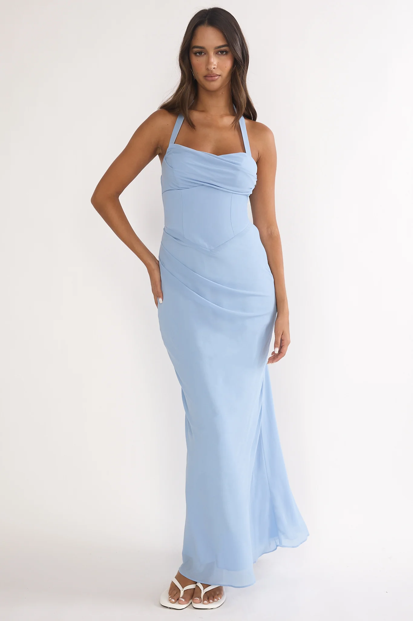 Rovelle Halterneck Pleat Waist Maxi Dress Sky Blue - Image 5