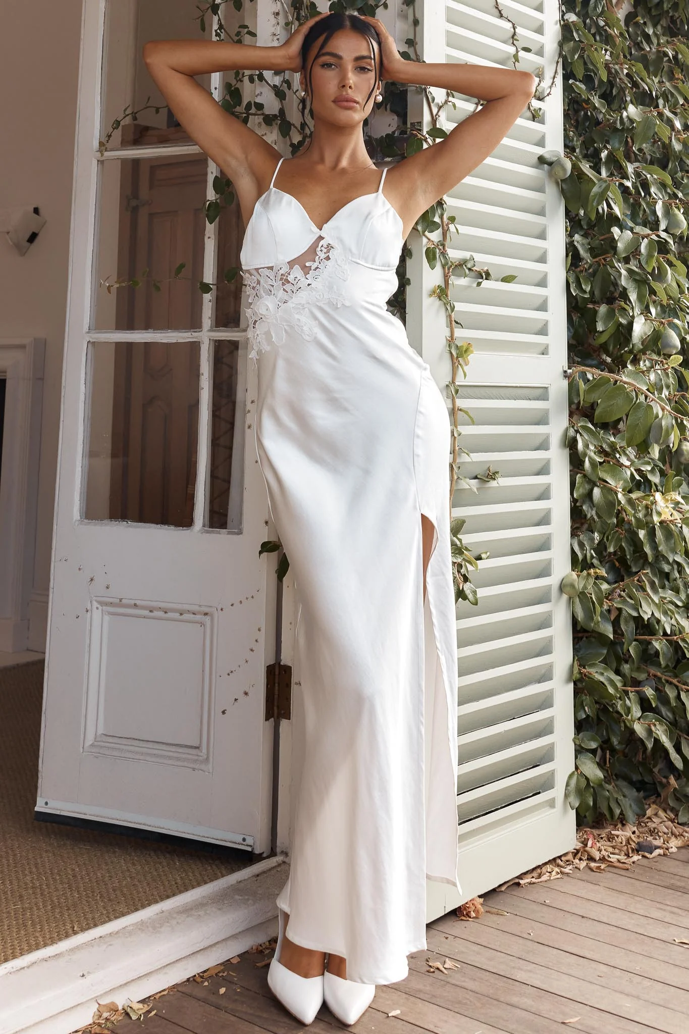 Roxana Applique Trim Split Maxi Dress White - Image 2