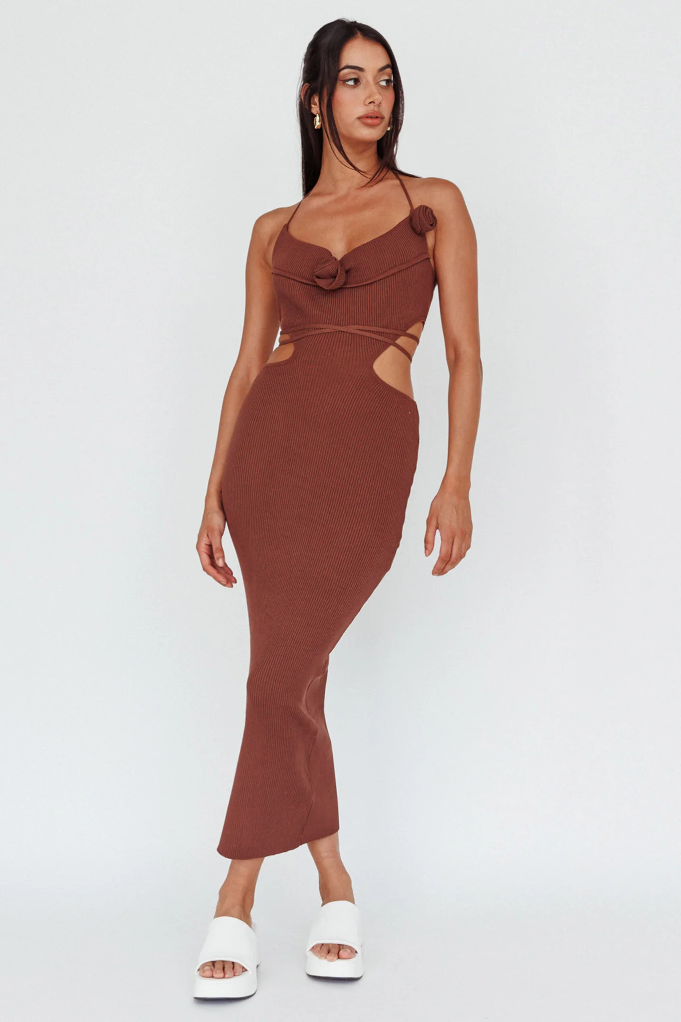 Rue Rose Accent Ribbed Knit Midi Dress Coco - Image 3