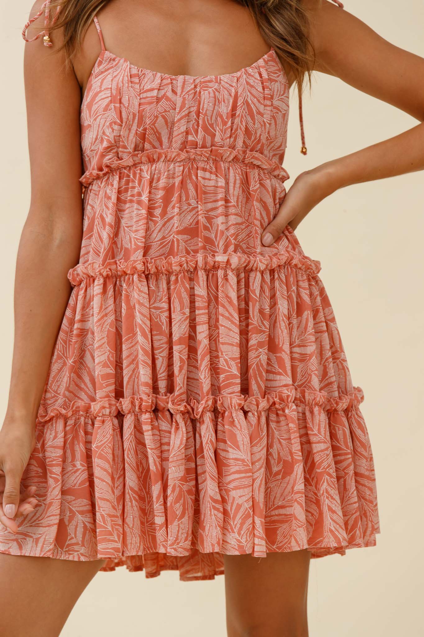 Rumi String Tie Babydoll Dress Leaf Print Pink - Image 4