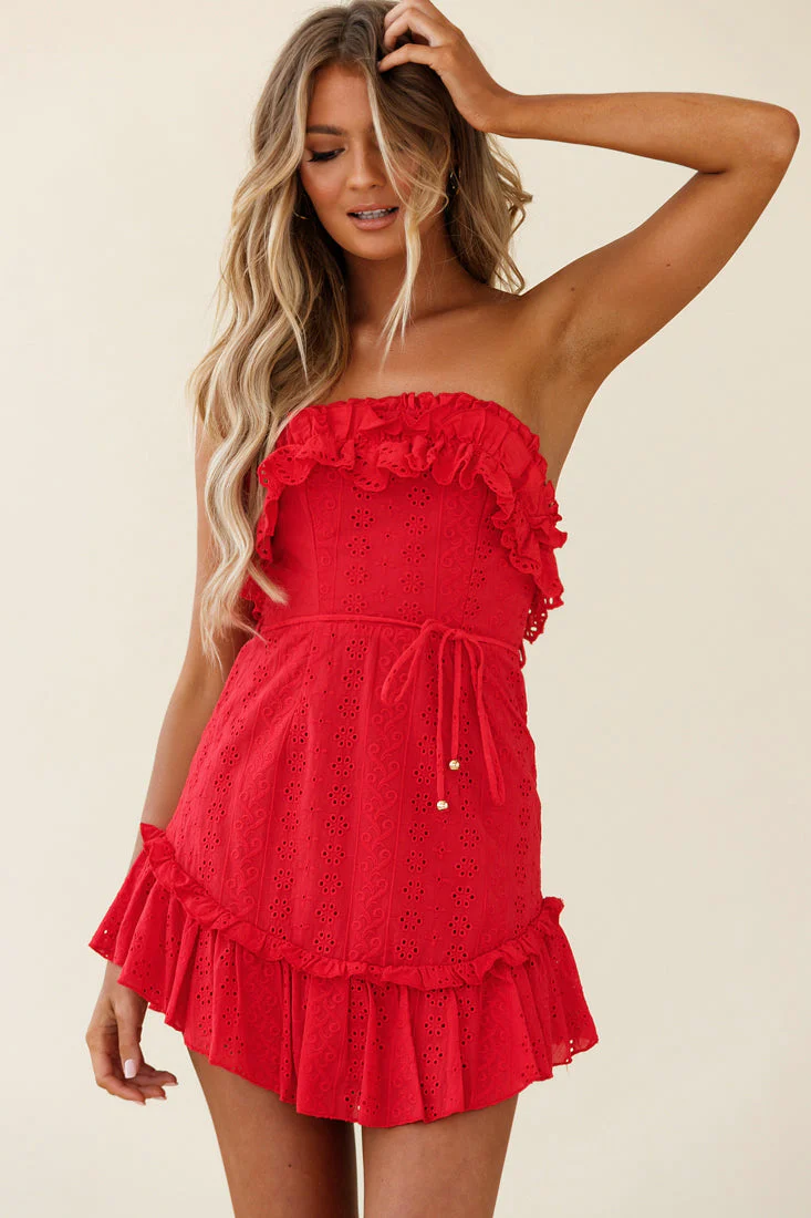 Running Through Your Mind Eyelet Embroidery Bandeau Dress Red - Image 5