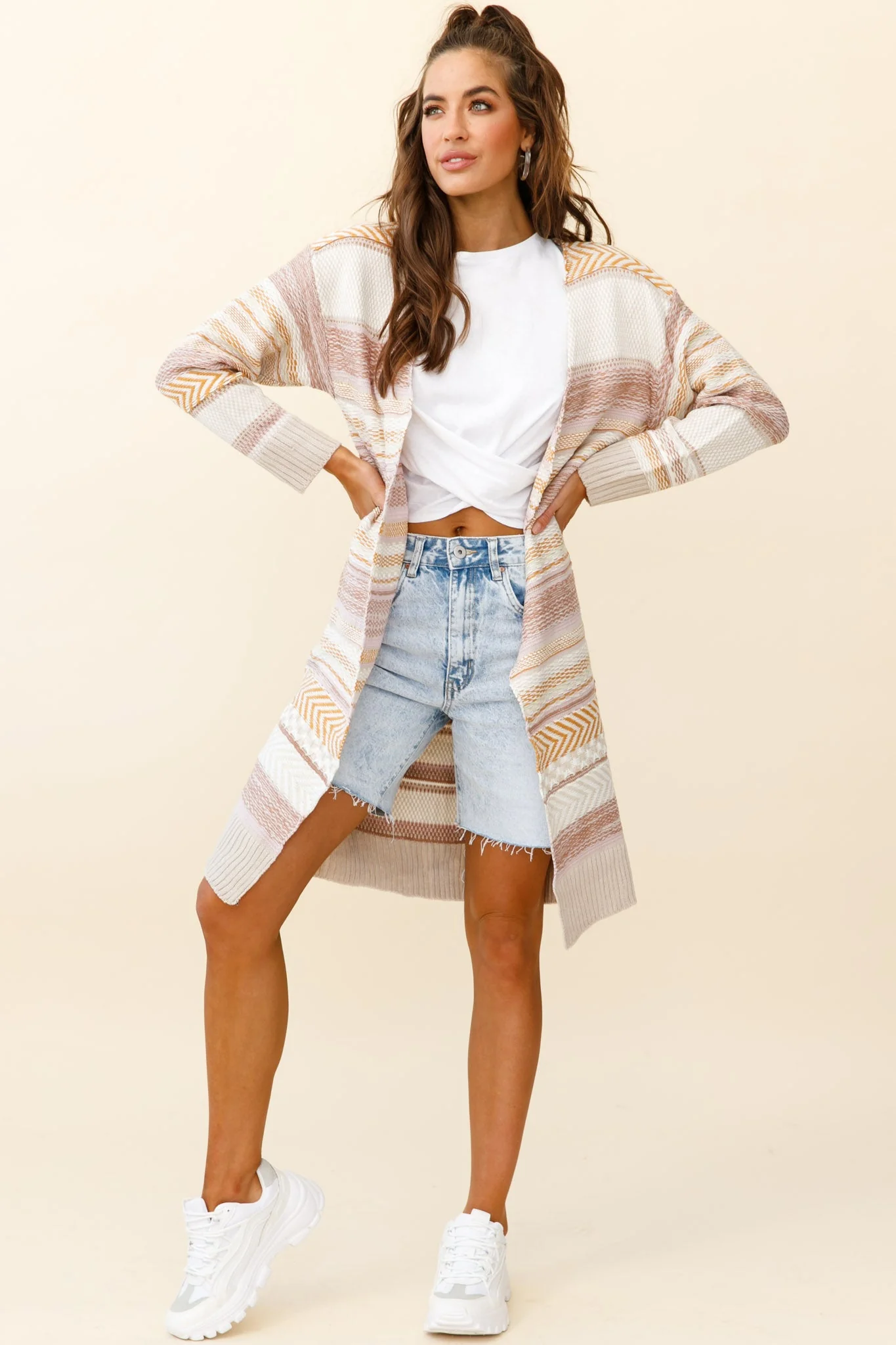Sabine Long Line Textured Knit Cardigan Beige - Image 7