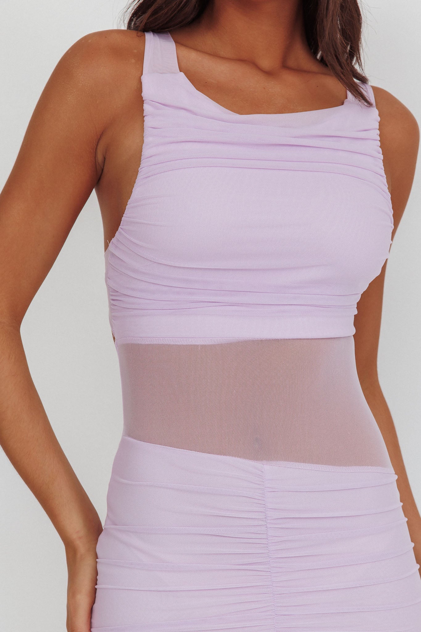 Sade Sheer Panel Ruched Maxi Dress Lilac - Image 3