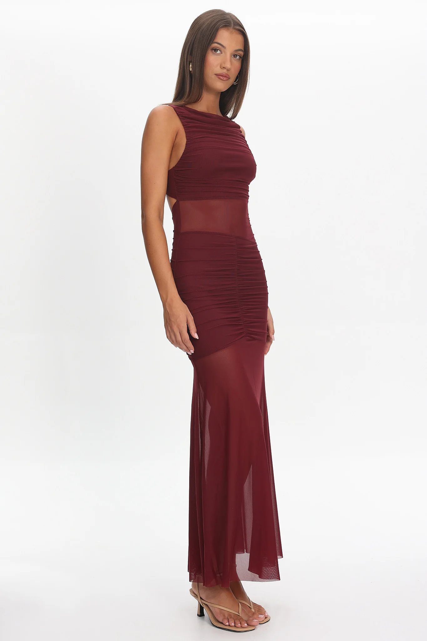 Sade Sheer Panel Ruched Maxi Dress Wine - Image 3