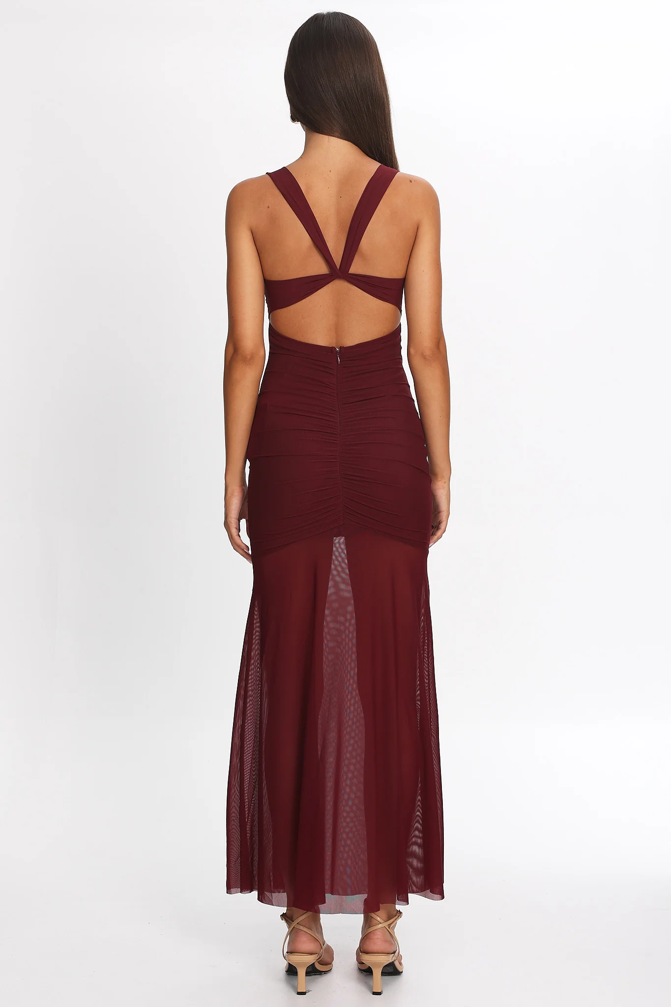 Sade Sheer Panel Ruched Maxi Dress Wine - Image 4