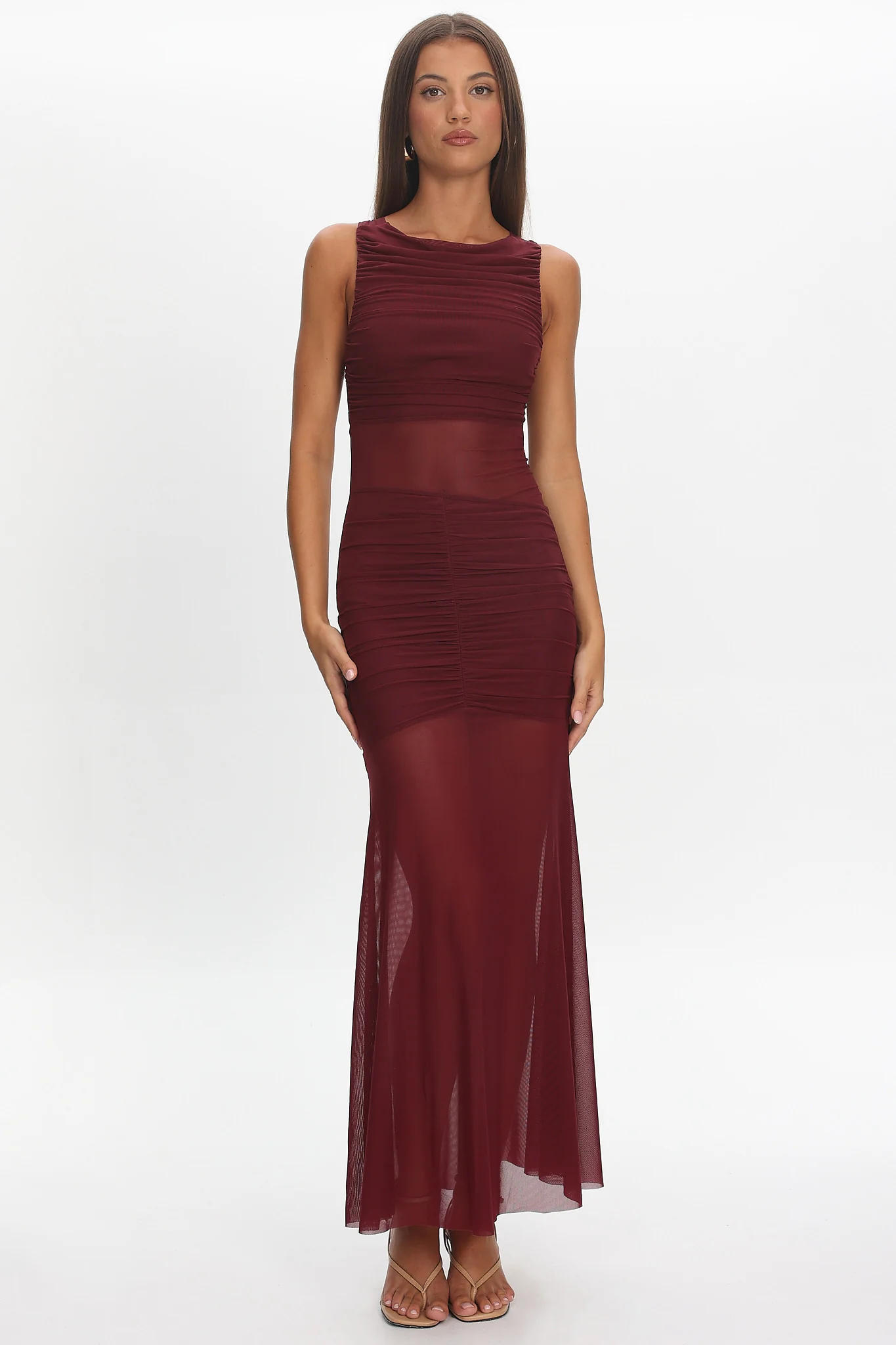 Sade Sheer Panel Ruched Maxi Dress Wine - Image 6