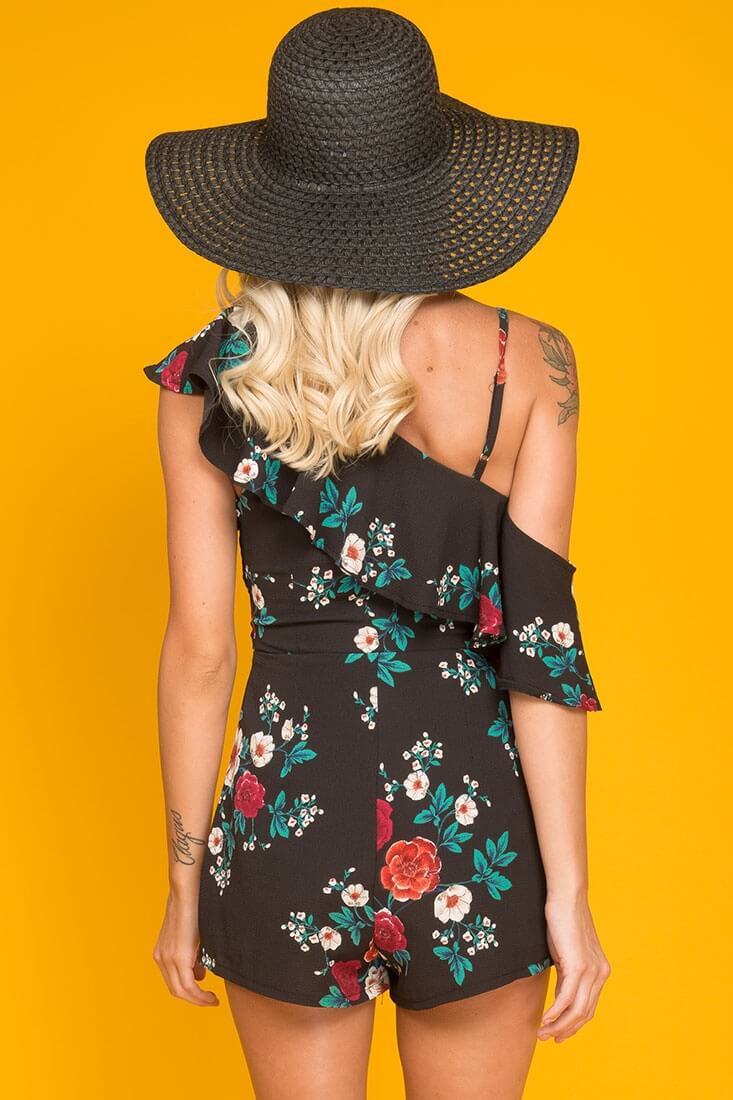 Sadie Floral Ruffled Collar Romper Black Print - Image 6