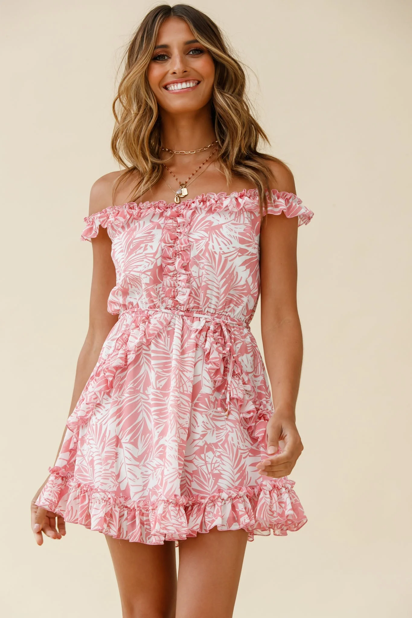 Sail Away Off-Shoulder Frill Accent Dress Tropical Print Pink - Image 5