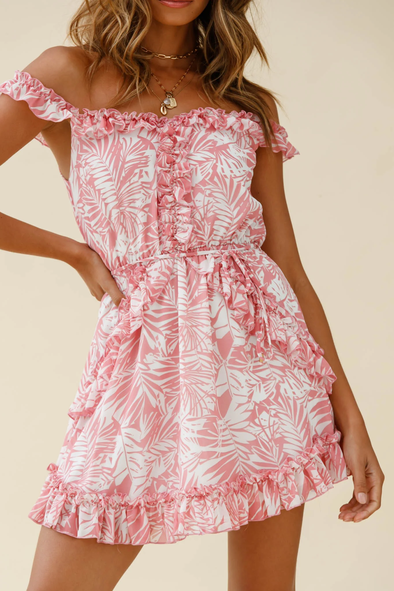 Sail Away Off-Shoulder Frill Accent Dress Tropical Print Pink - Image 6
