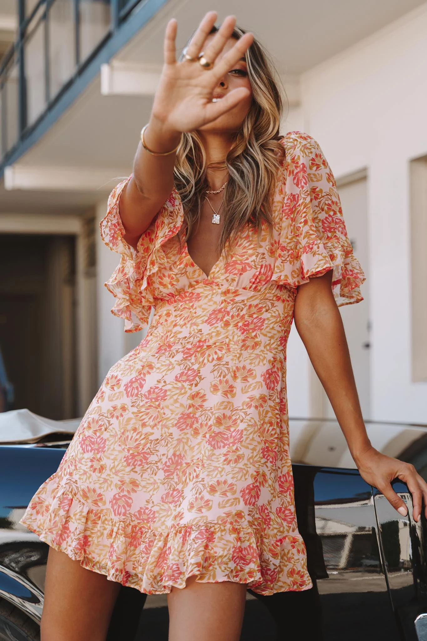 Sally Angel Sleeve Open Back Dress Floral Print Pink - Image 7