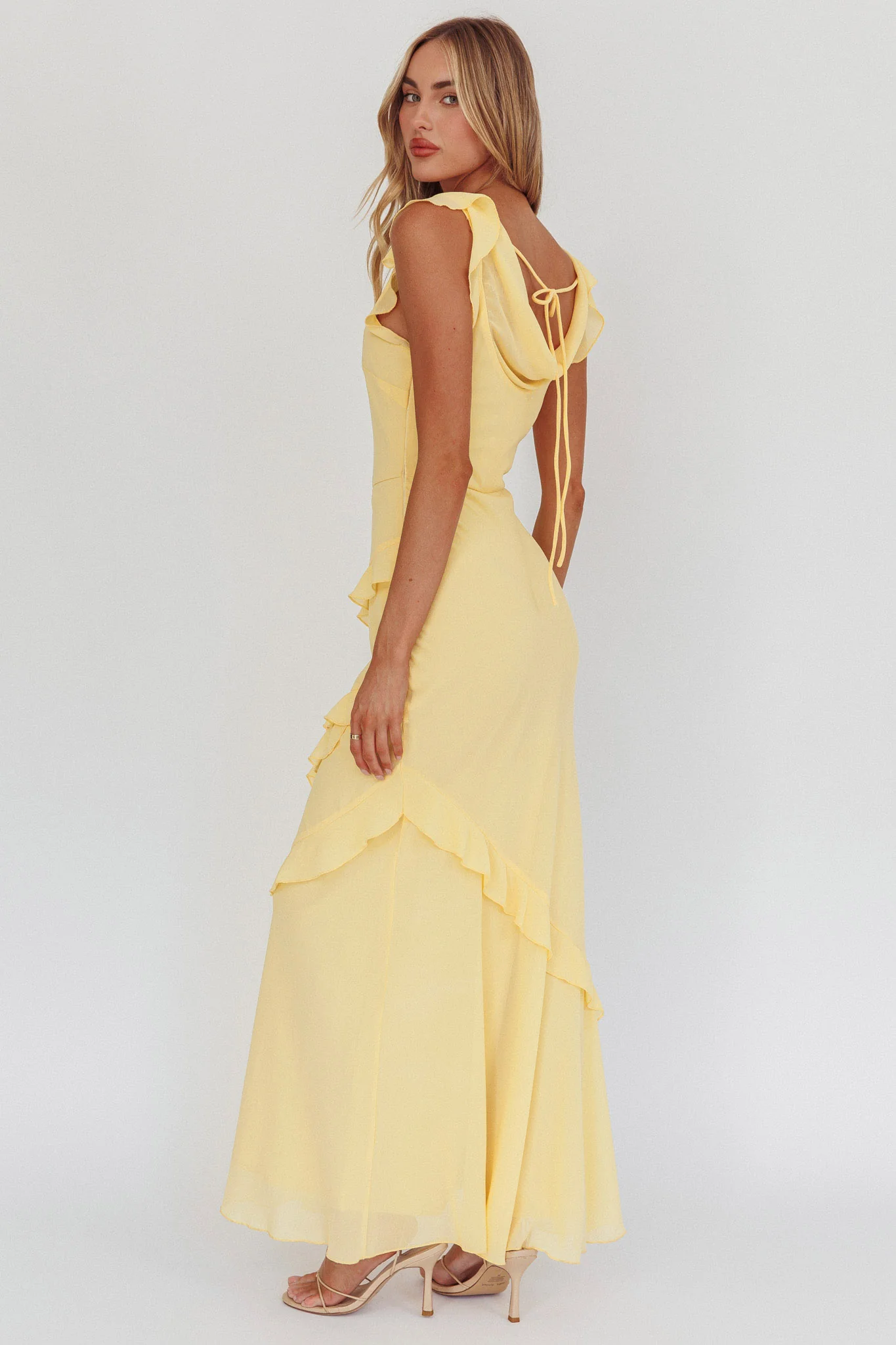 Sangria Cowl Neck Frill Maxi Dress Lemon - Image 2