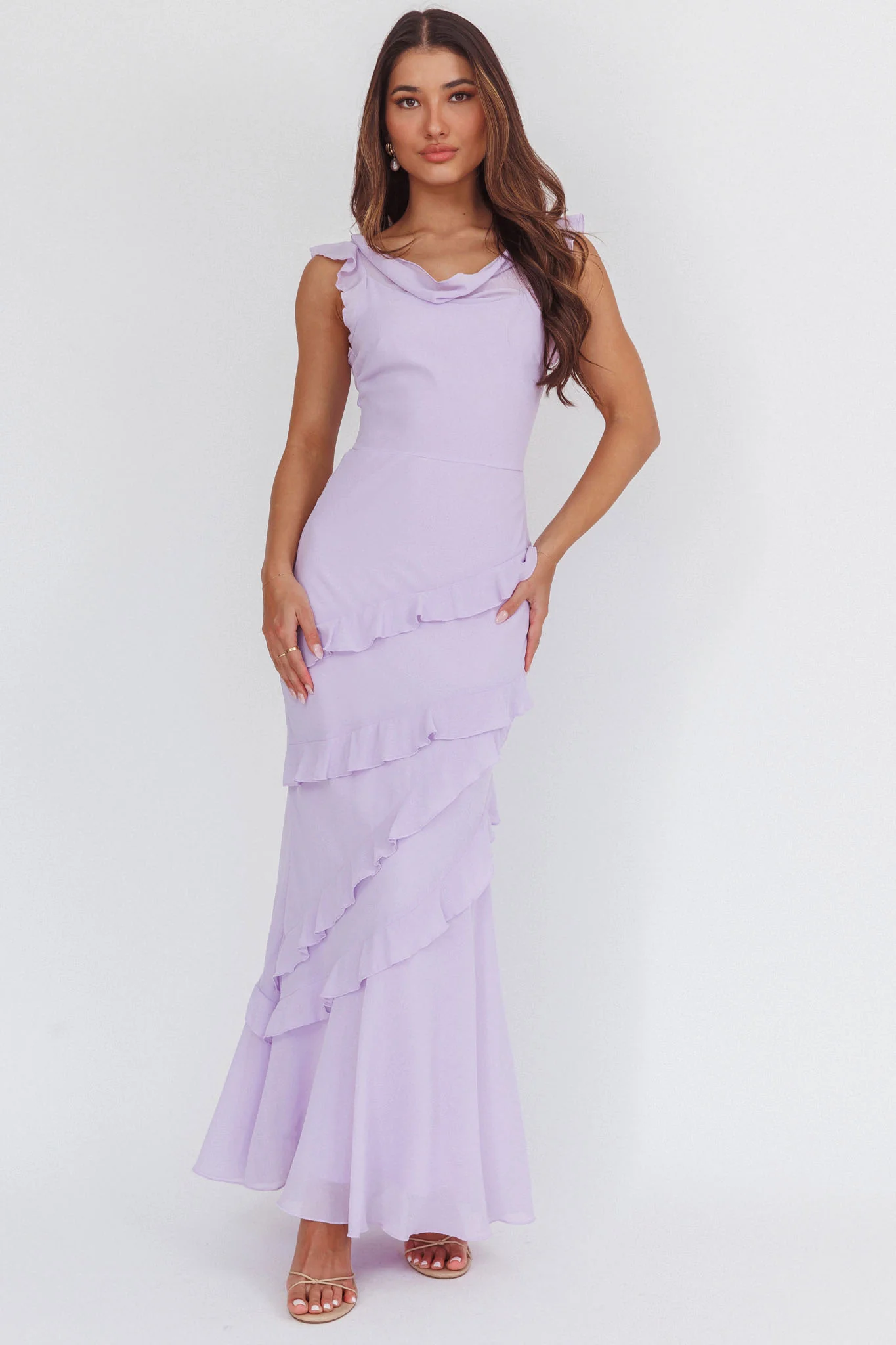 Sangria Cowl Neck Frill Maxi Dress Lilac - Image 4