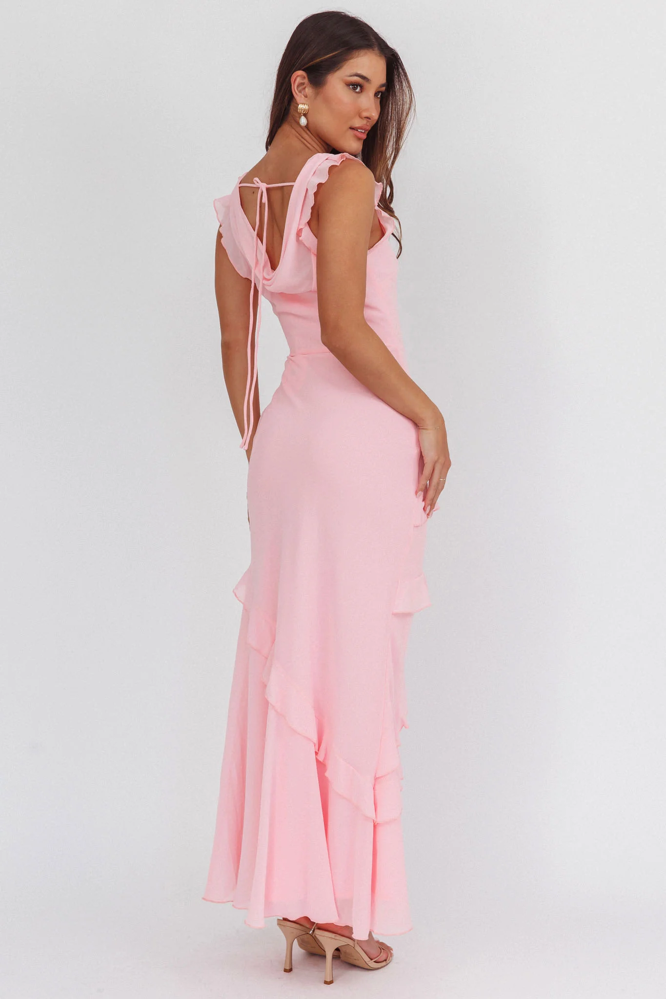 Sangria Cowl Neck Frill Maxi Dress Skin Powder - Image 3