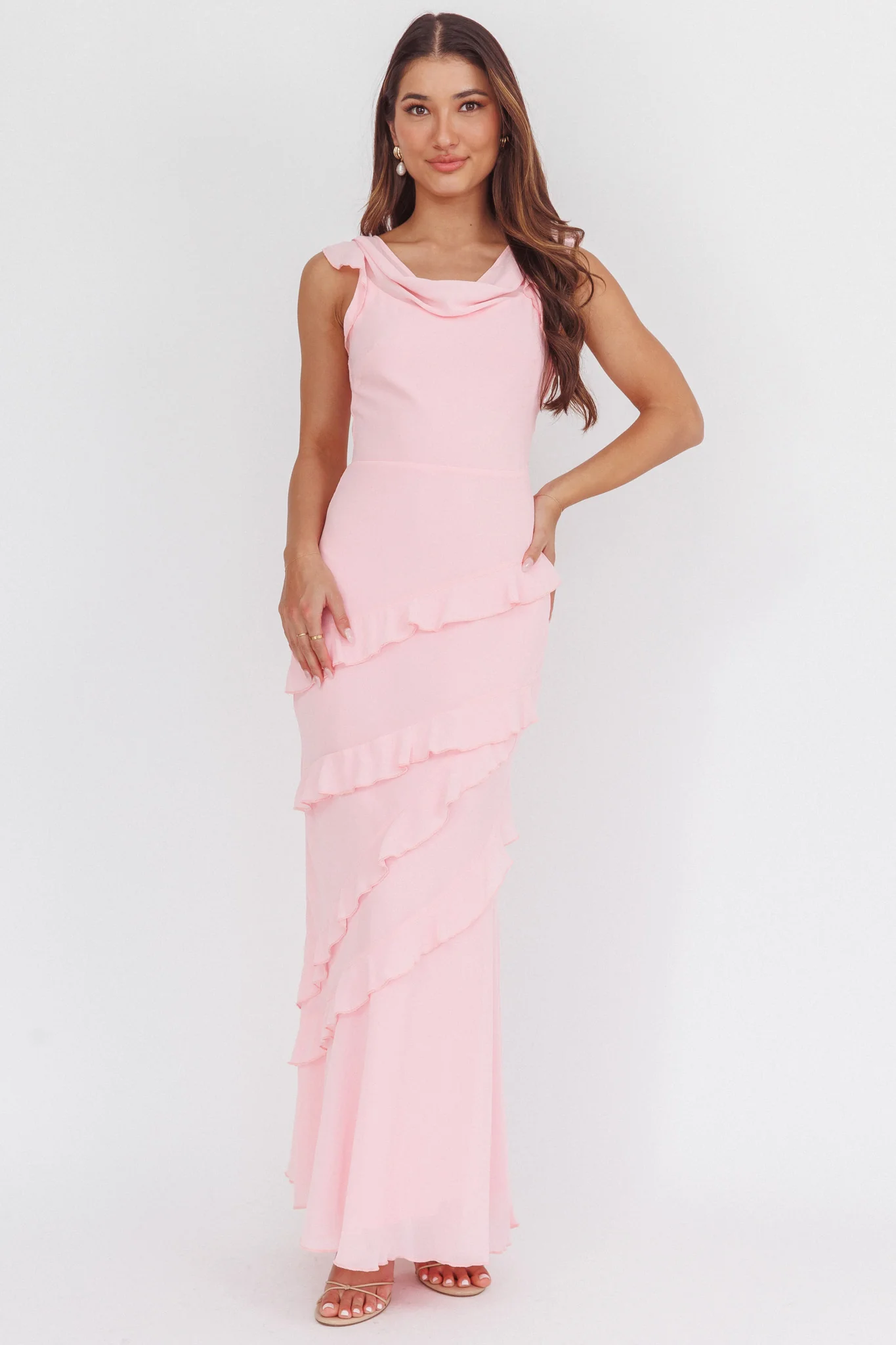 Sangria Cowl Neck Frill Maxi Dress Skin Powder - Image 5