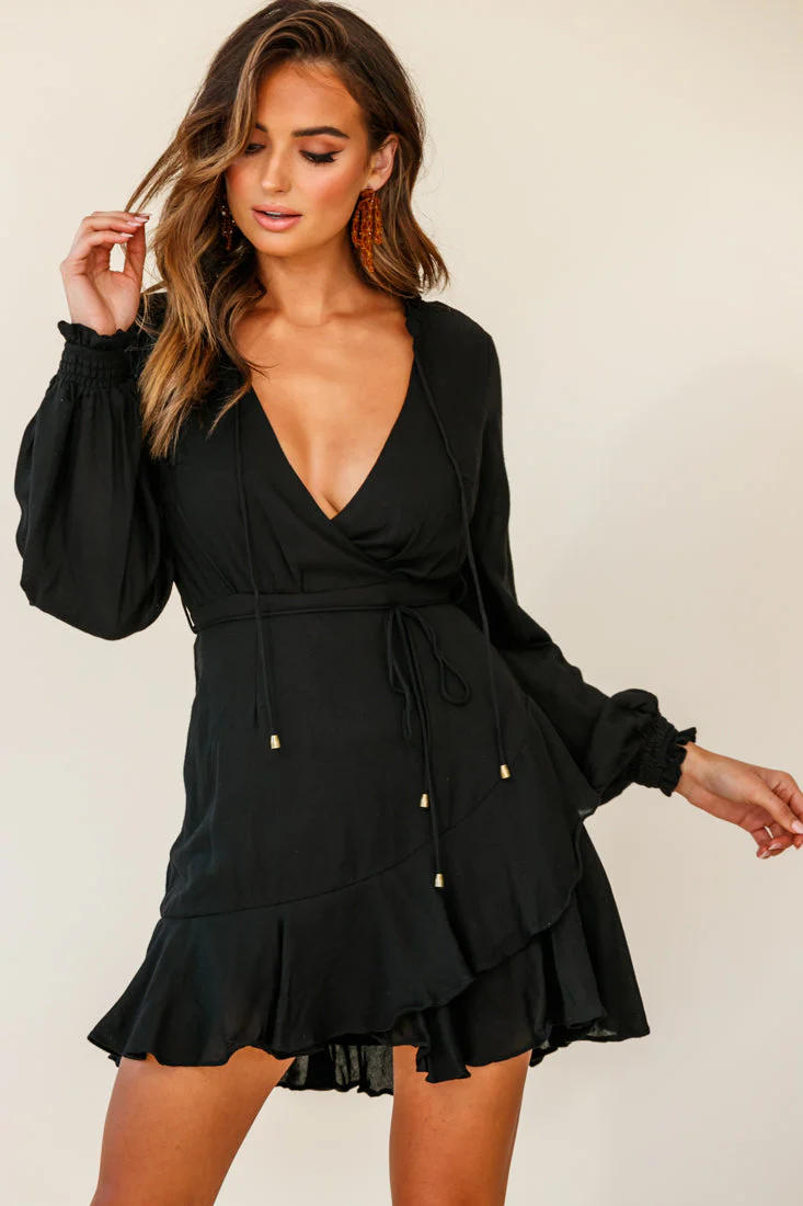 Santorini Long Sleeve String Tie Dress Black - Image 6