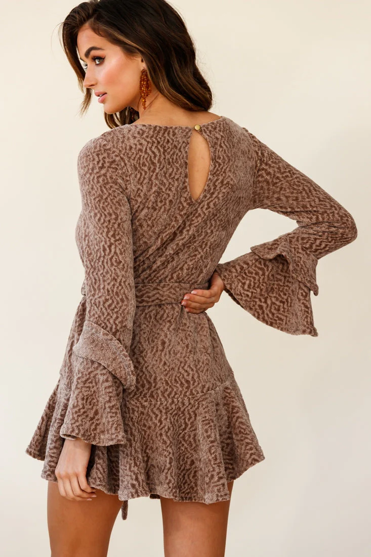 Saphira Long Sleeve Fluted Hem Knit Dress Taupe - Image 7