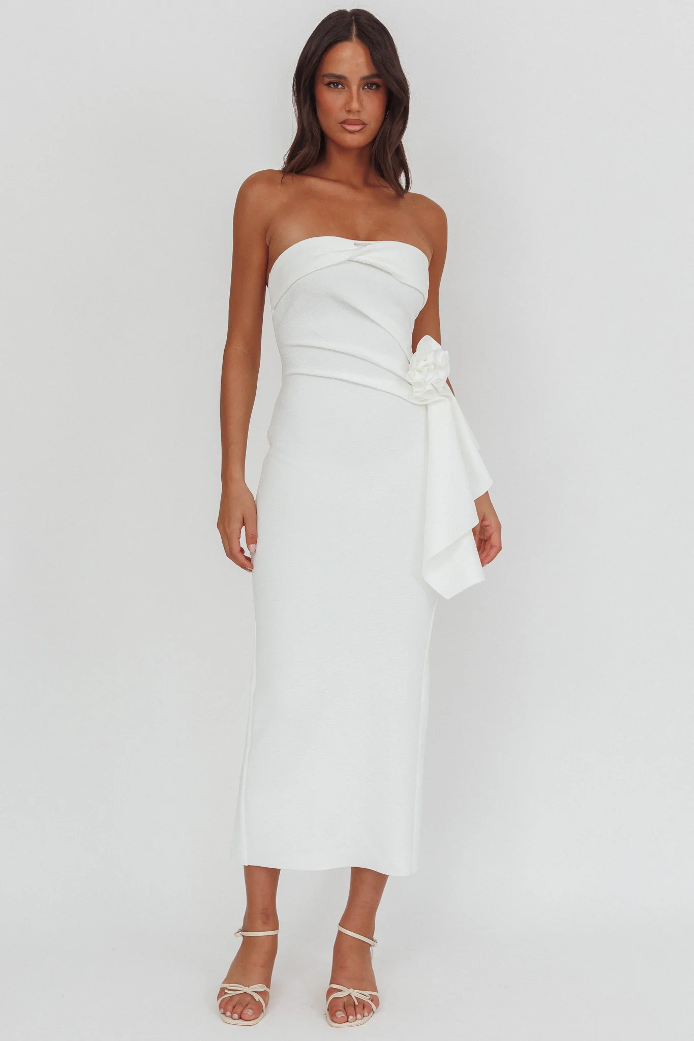 Sasha Cascade Ruffle Rosette Midi Dress White
