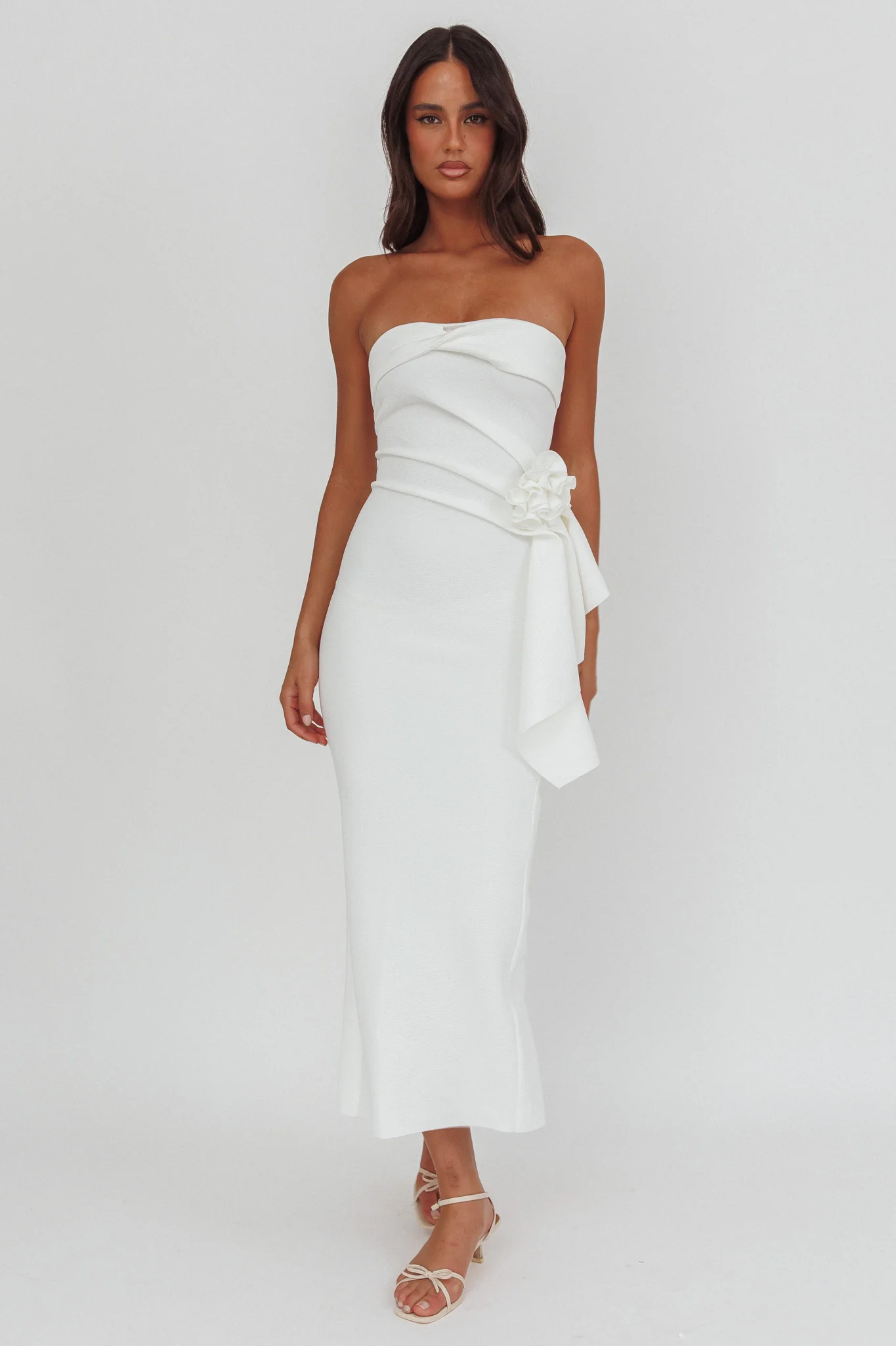 Sasha Cascade Ruffle Rosette Midi Dress White - Image 4