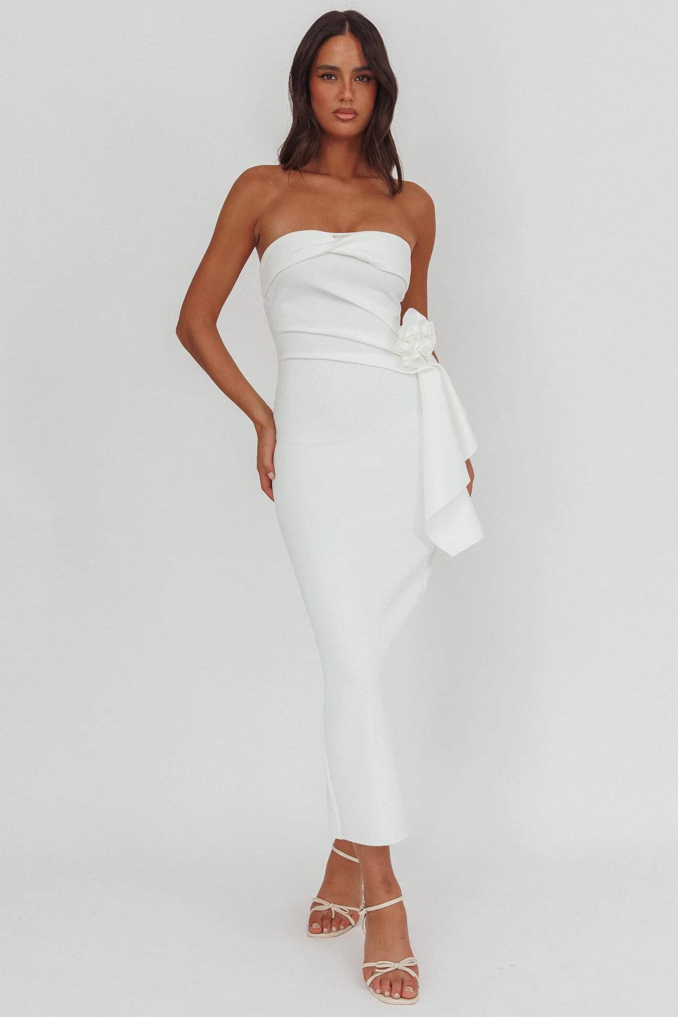 Sasha Cascade Ruffle Rosette Midi Dress White - Image 5
