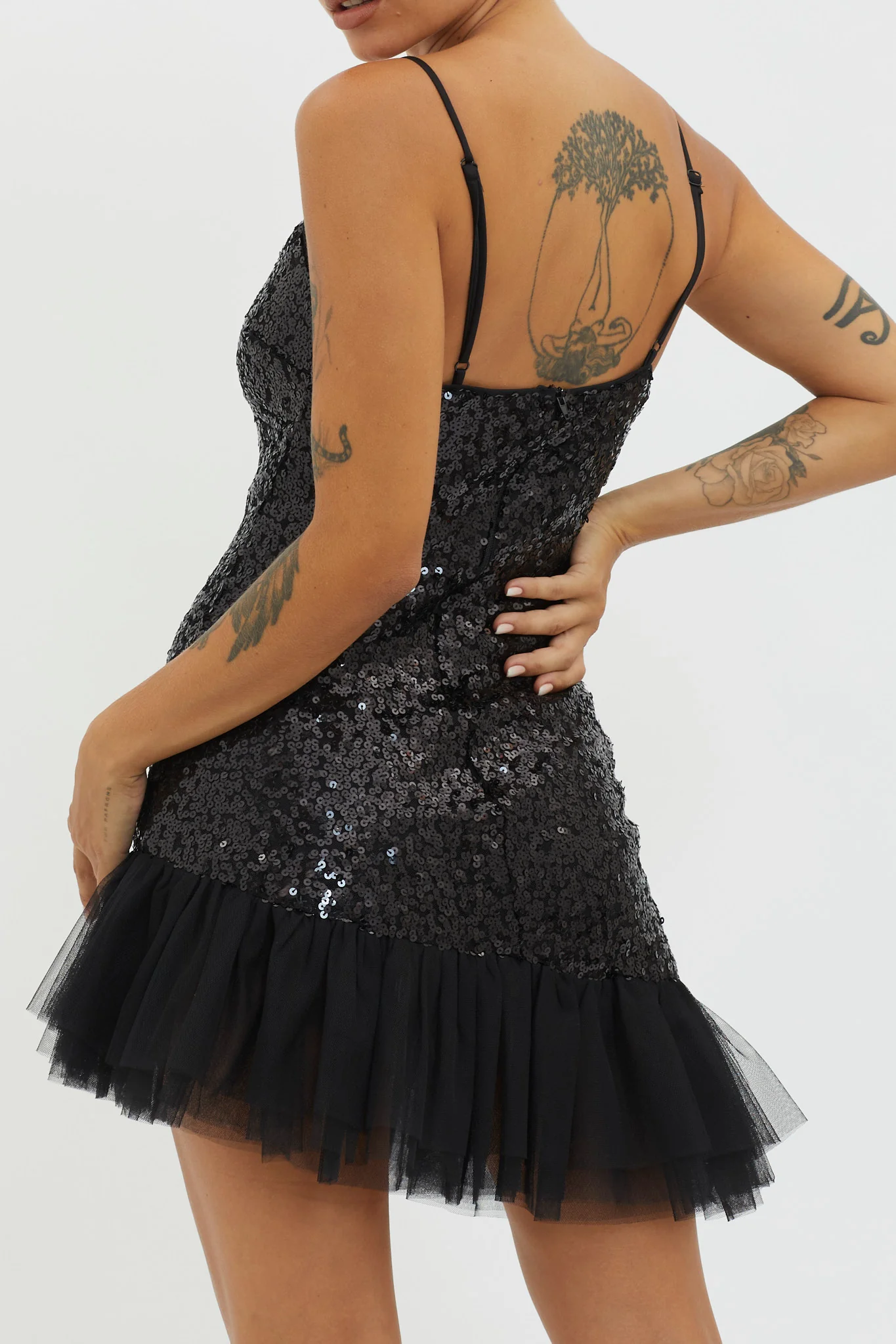 Sassafras Tulle Hem Sequin Mini Dress Black - Image 3