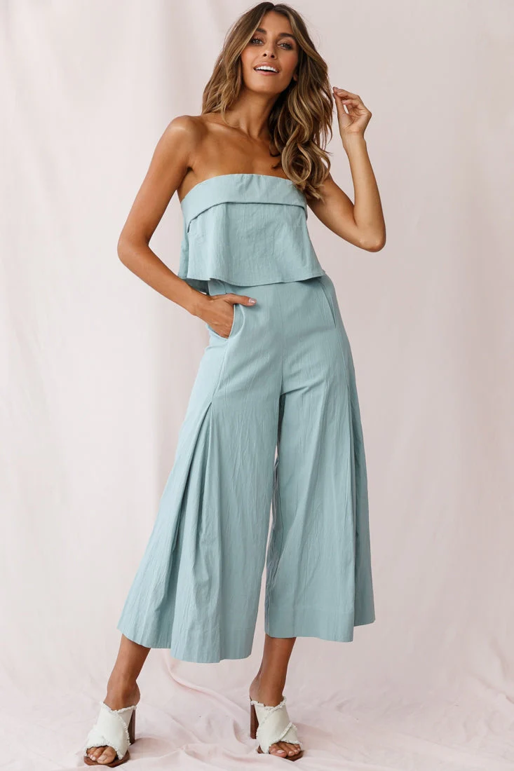 Saturday Layered Bandeau Wide Leg Capri Jumpsuit Sage - Image 2