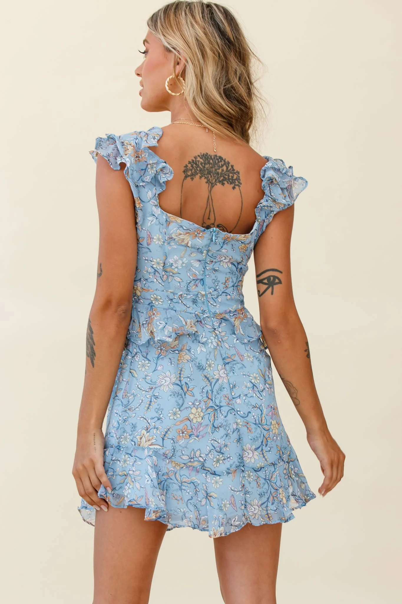Say That Again Bust Tie Ruffle Trim Dress Floral Print Blue - Image 2