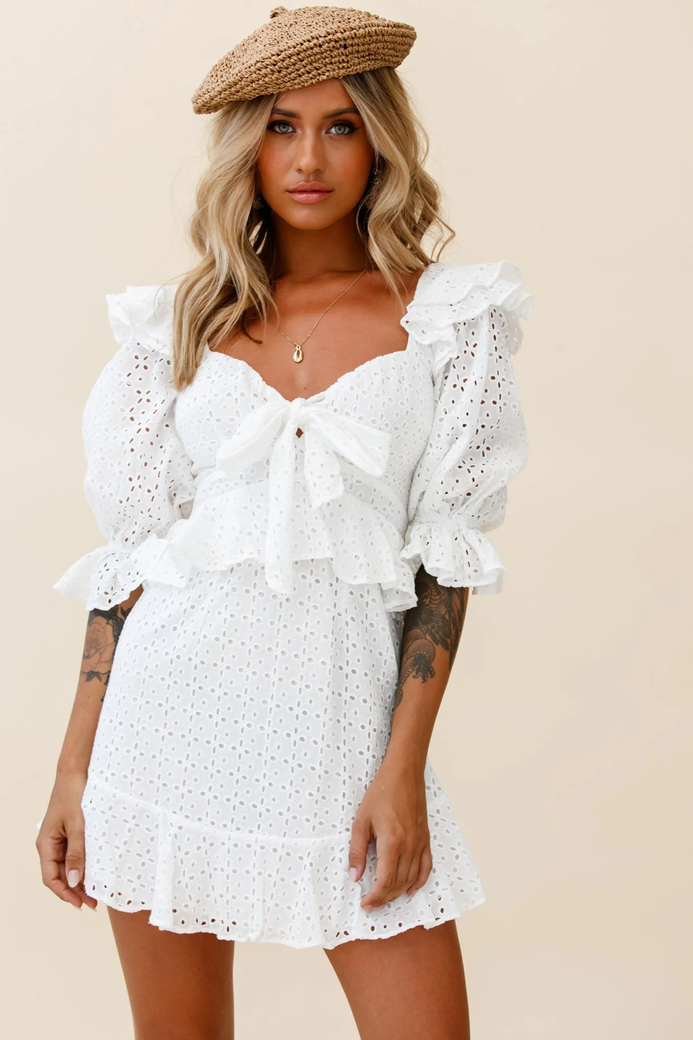 Say That Again Bust Tie Ruffle Trim Dress White - Image 5