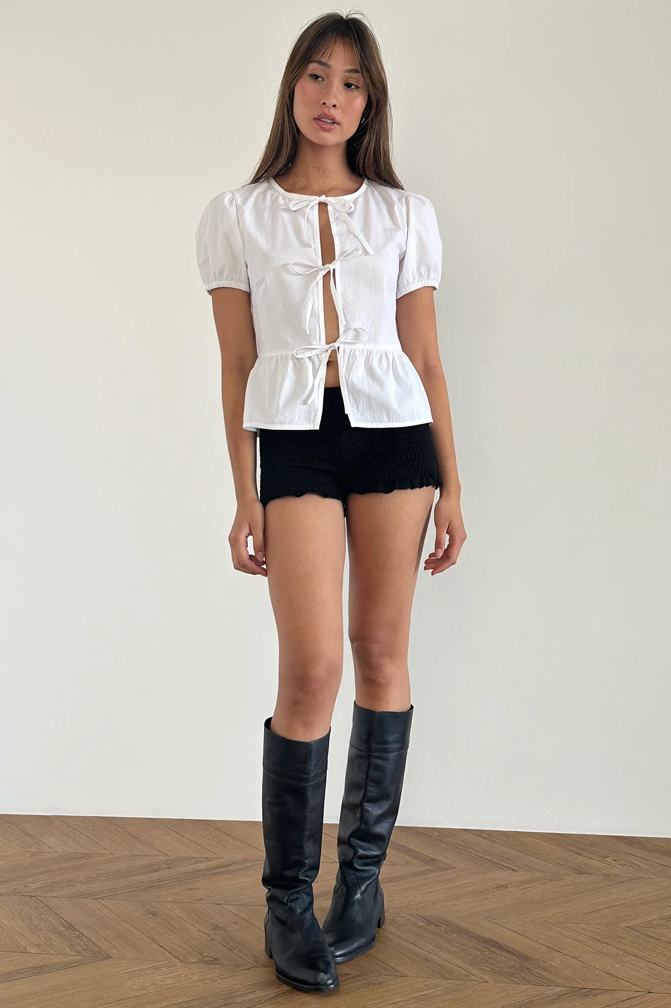 Scandi Puff Sleeve Tie Front Top White - Image 2
