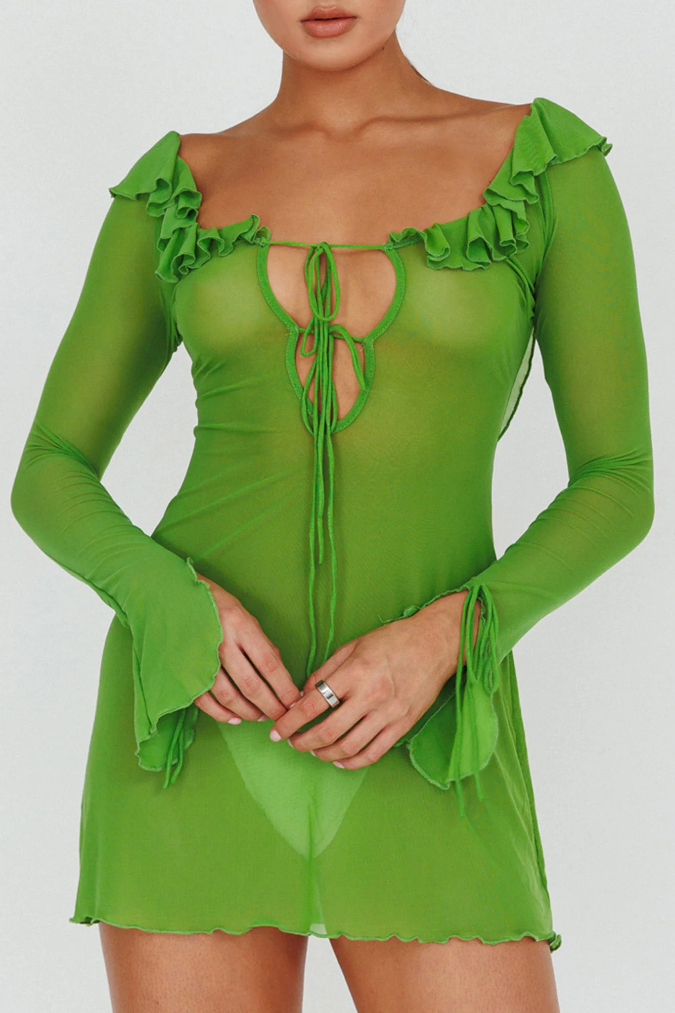 Sea Dreaming Ruffle Trim Mini Dress Lime - Image 4