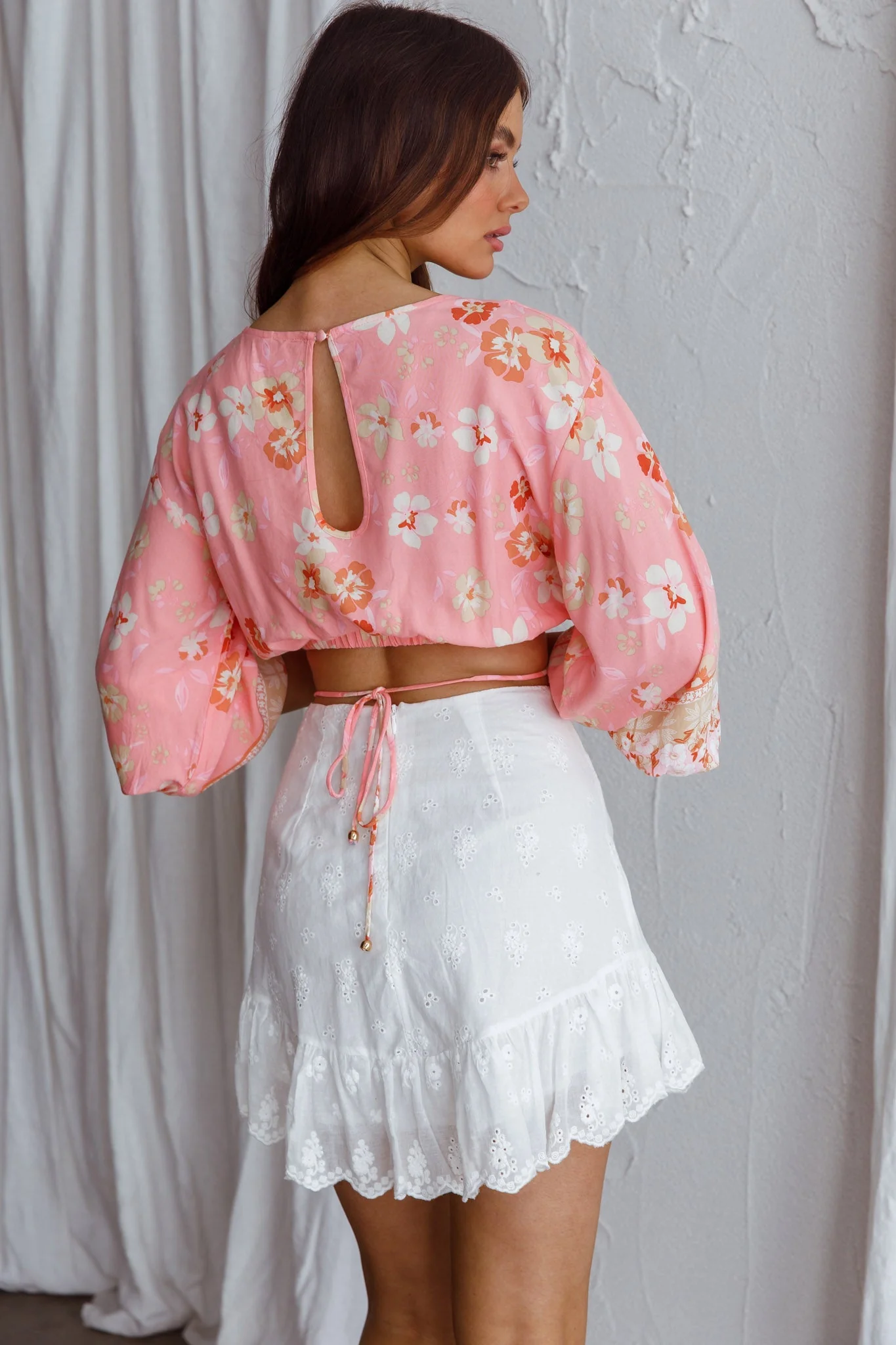 Sea View Long Sleeve Crop Top Floral Pink - Image 2